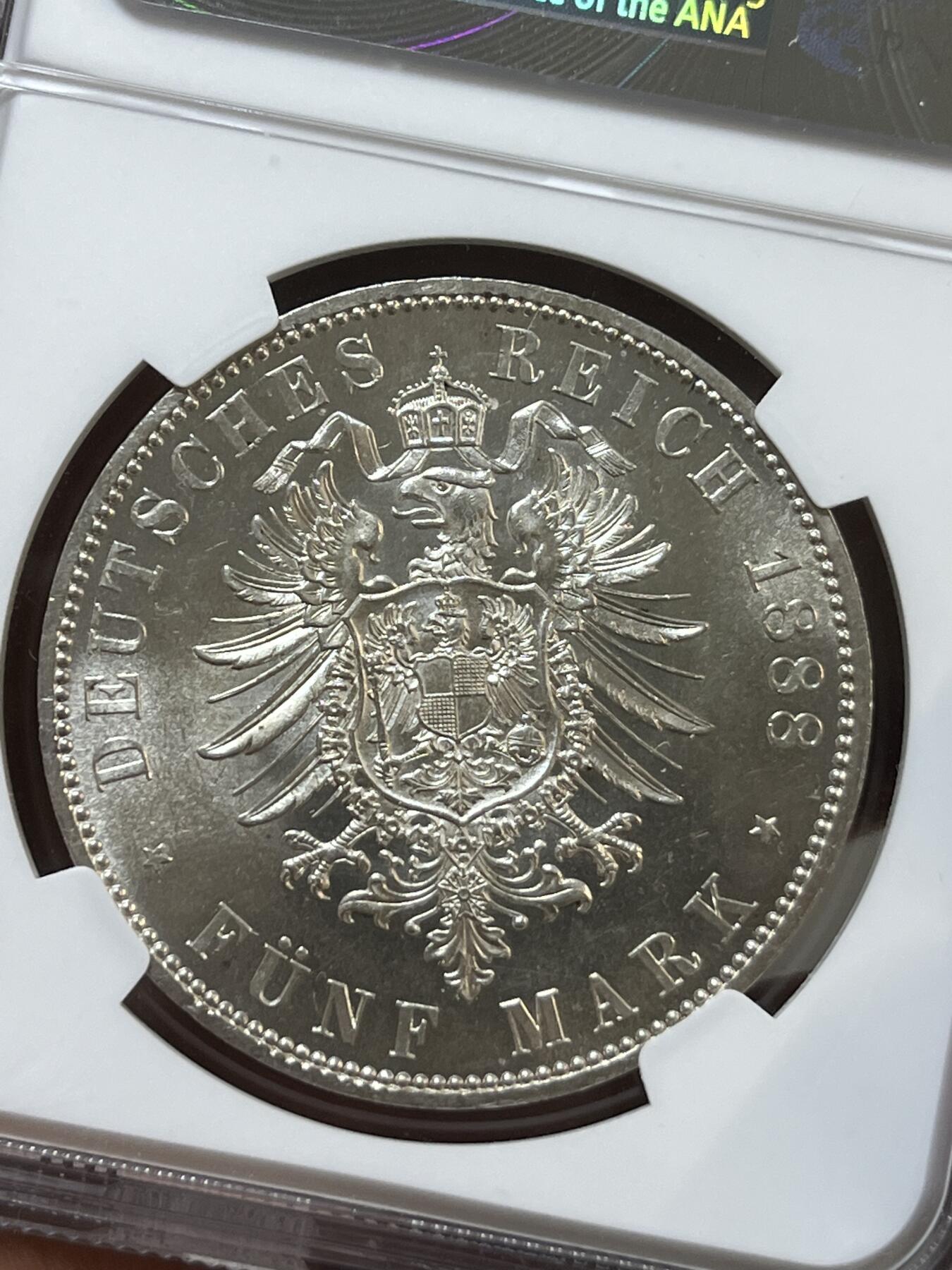NGC-MS63 1888普鲁士三皇之年威廉5马克大银币全原光