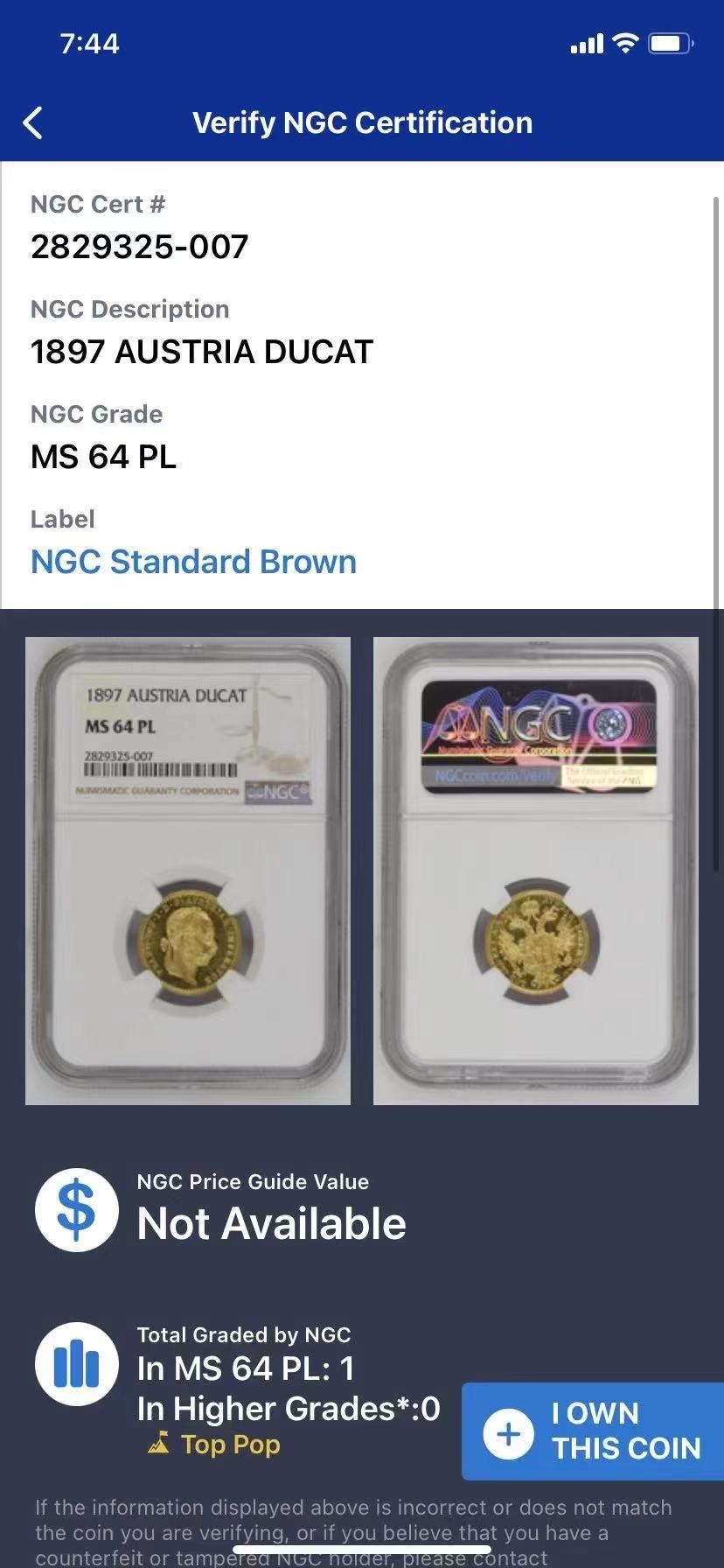 万国钱币拍卖第026期（风云再起·勇士无畏） NGC MS64PL 1897年奥地利佛朗茨一世1杜卡特金币 原铸版本，极其难得的镜面质感，如同金镜一般，NGC唯一冠军分，可见其难度，23年63分HA成交价660美金供参考。
