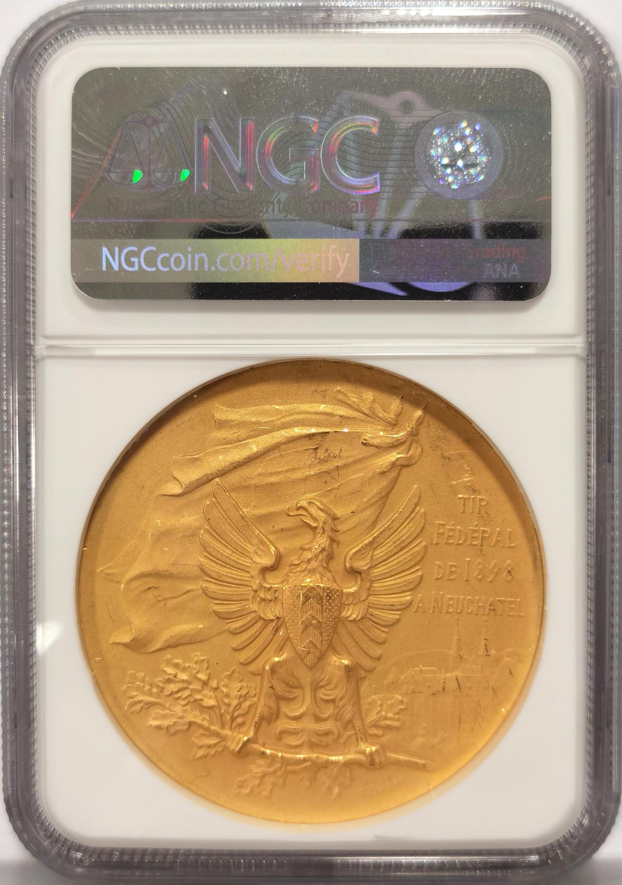 博洋堂世界钱币拍卖第078期（全场包邮） NGC MS62 1898年瑞士射击节镀金银章，纳沙泰尔射击节，此枚为罕见的镀金银质版本，在瑞士射击节目录中为RR级别罕见品，在NGC官网中仅三枚，稀少!