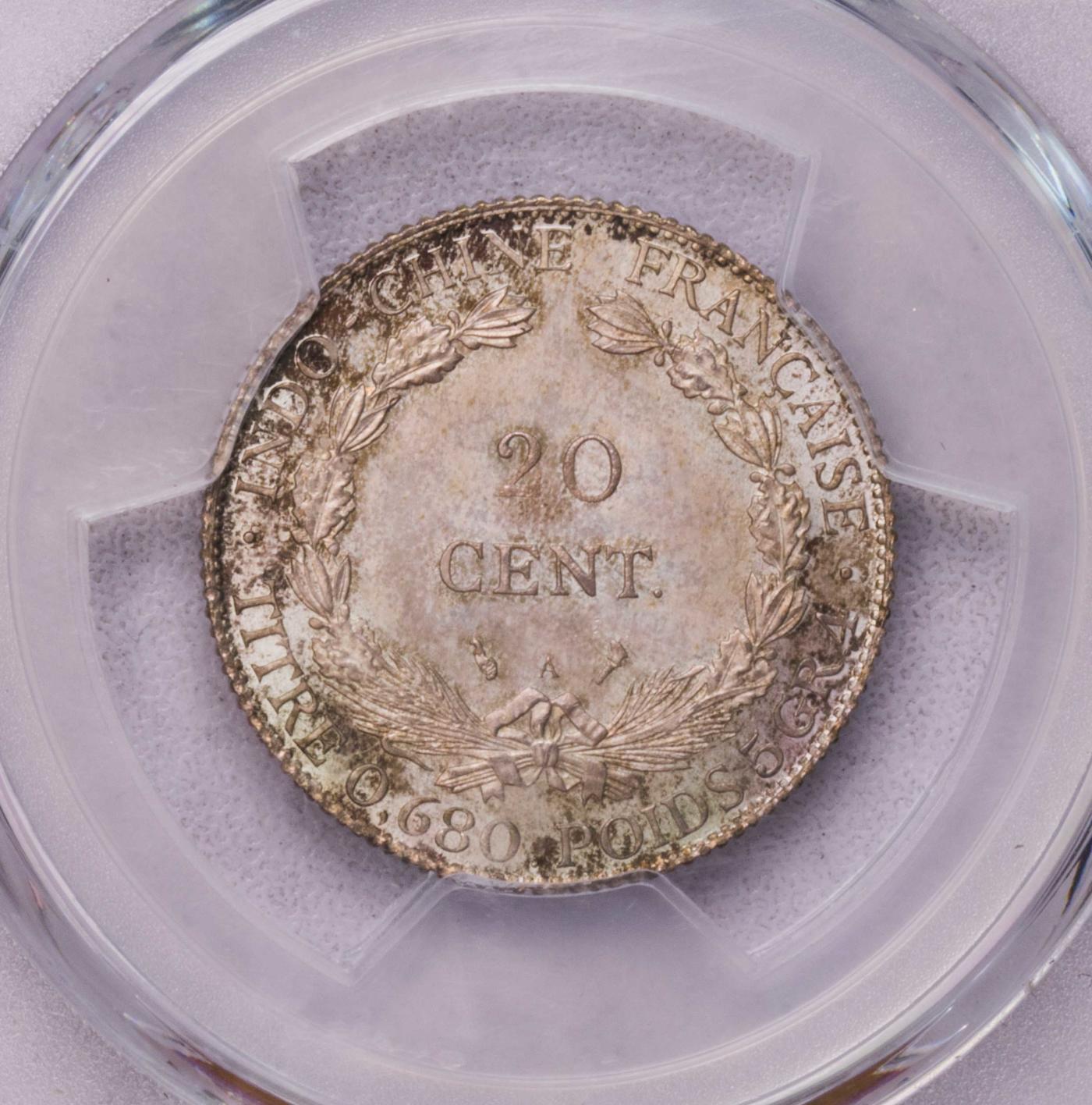 PCGS-MS66+  1922A印支坐人20分银币完美品纸袋包浆