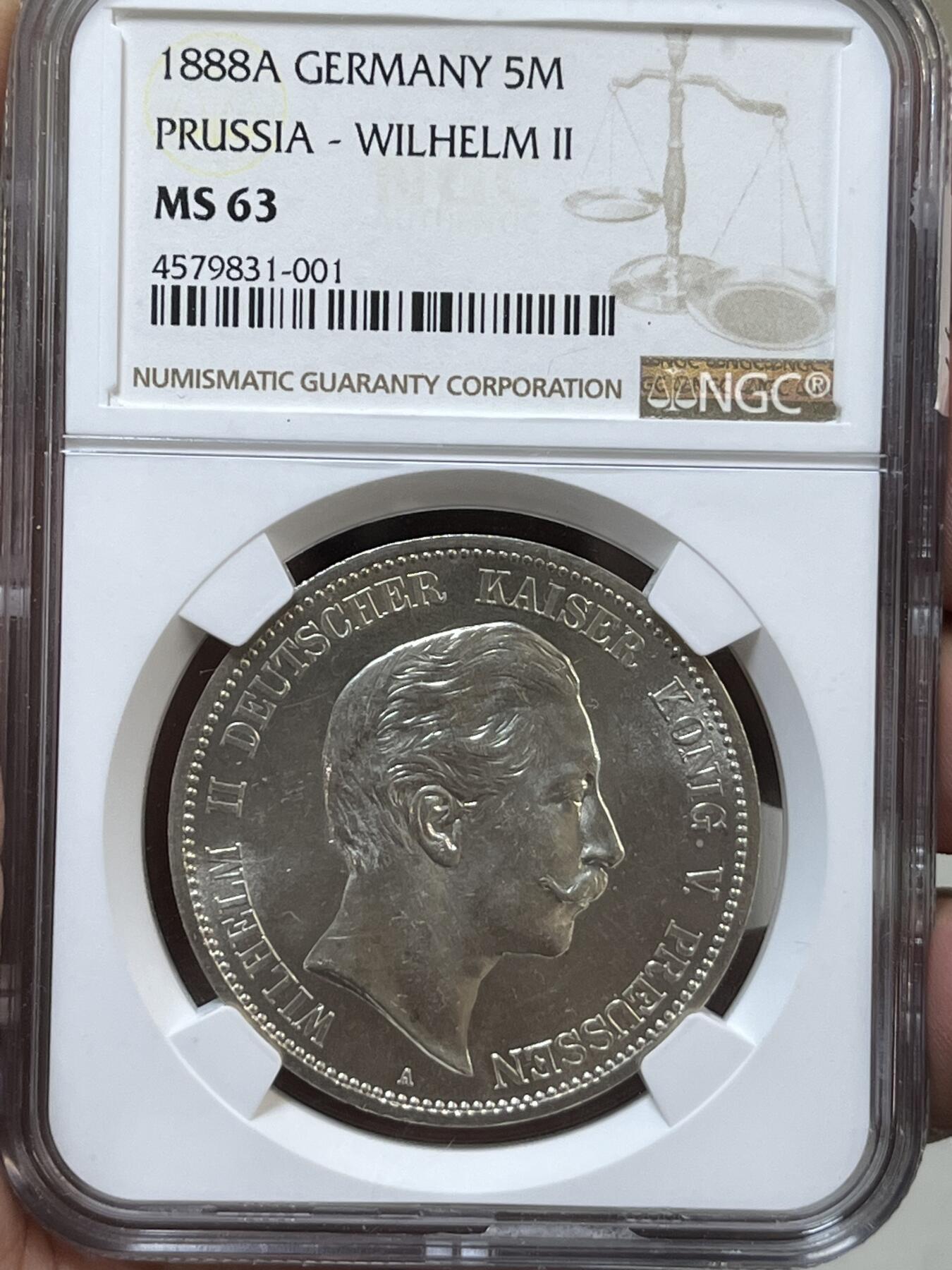 NGC-MS63 1888普鲁士三皇之年威廉5马克大银币全原光