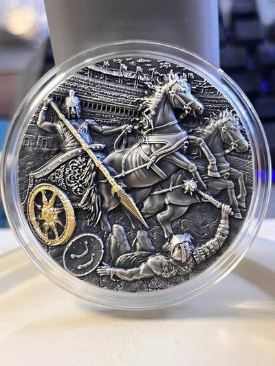 【海寕潮】拍卖第112期 - 【海寧潮】纽埃2019年战车系列1古罗马战车2盎司高浮雕银币，999银，发行量500枚，没有黑色纸套