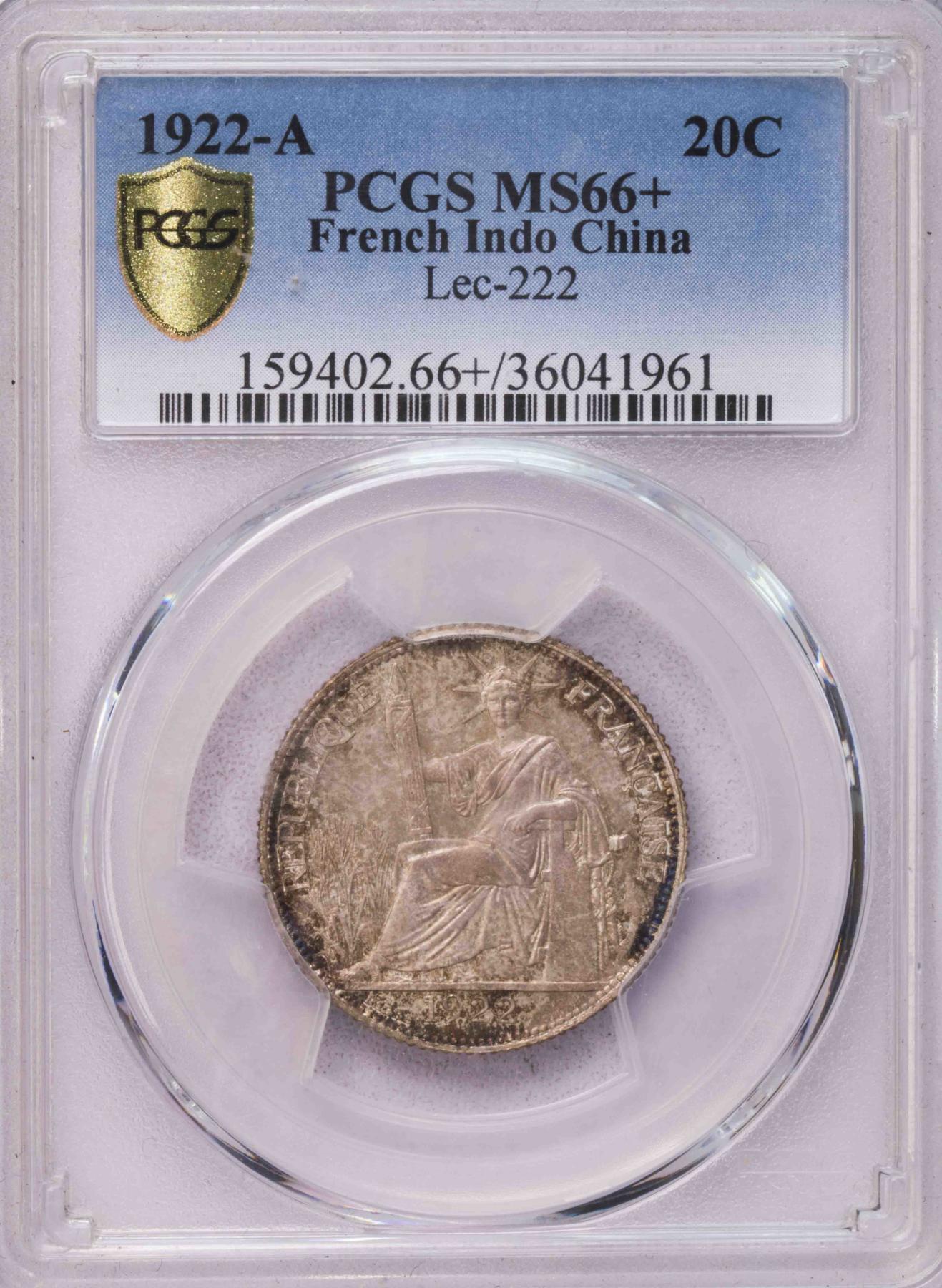 PCGS-MS66+  1922A印支坐人20分银币完美品纸袋包浆