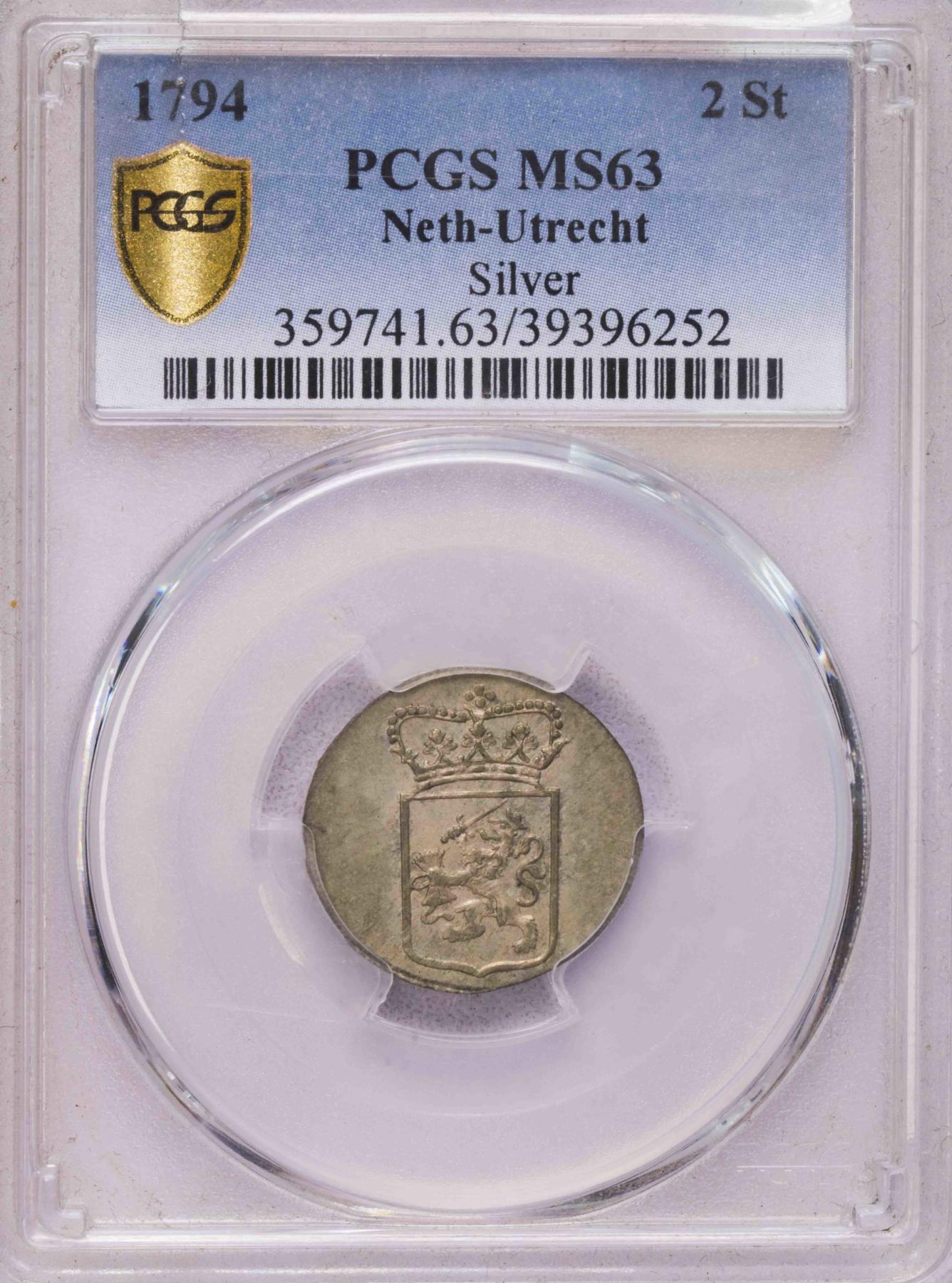 PCGS-MS63 1794荷属西印度2ST银币亚军一年版全深打老包浆