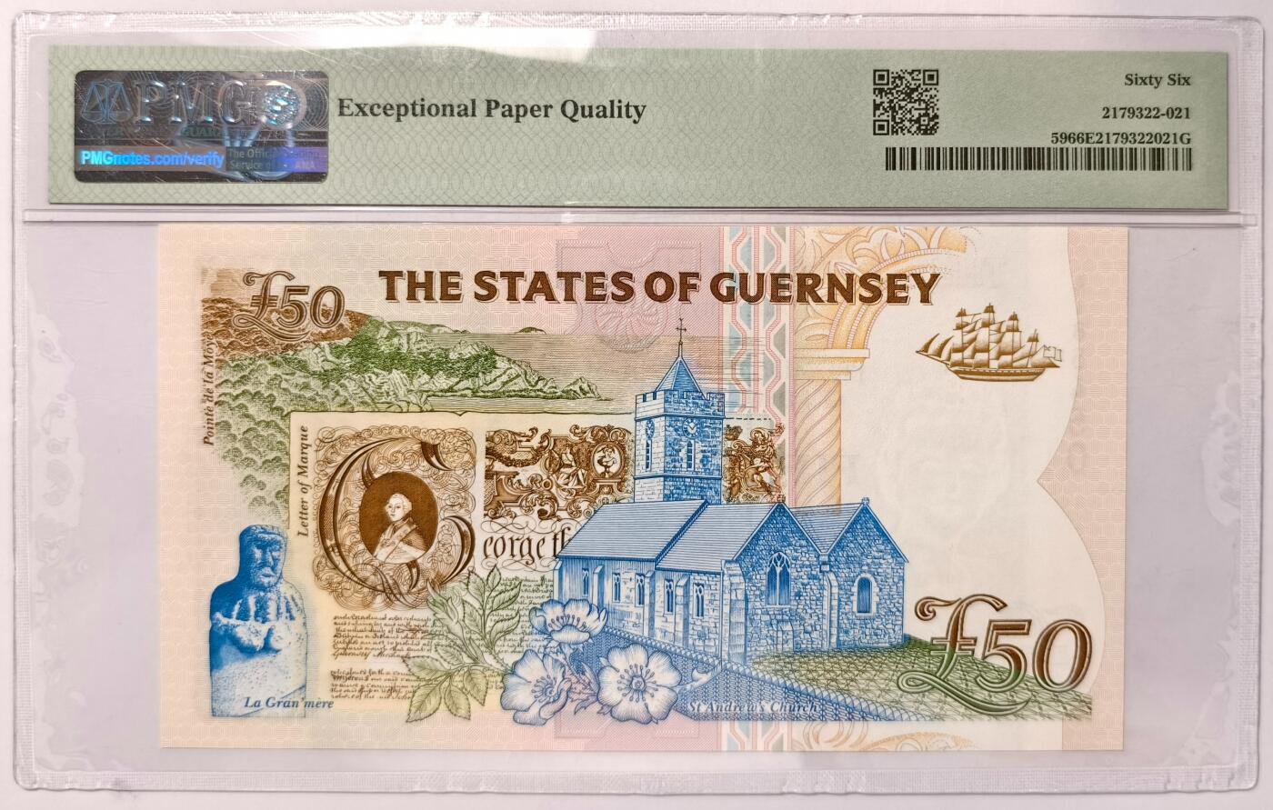 紫瑗钱币——第355期拍卖——纸币场 【首发A冠 PMG 66EPQ】格恩西 1994年 伊丽莎白二世 高冠 50磅 (P-59)