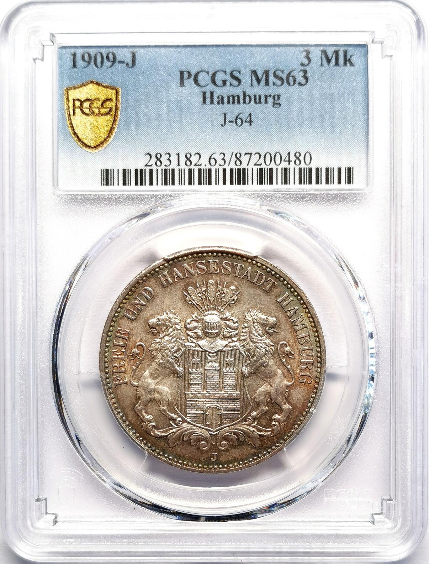 凡希社世界钱币微拍第二百七十期 1909J德国汉堡3马克PCGS-MS63