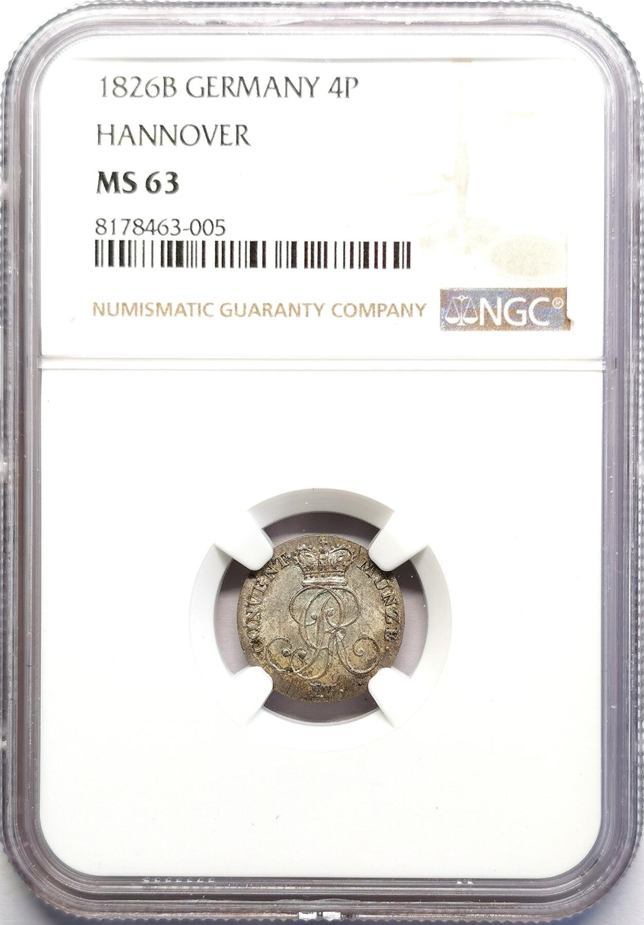 凡希社世界钱币微拍第二百七十期 1826B德国汉诺威4芬尼NGC-MS63