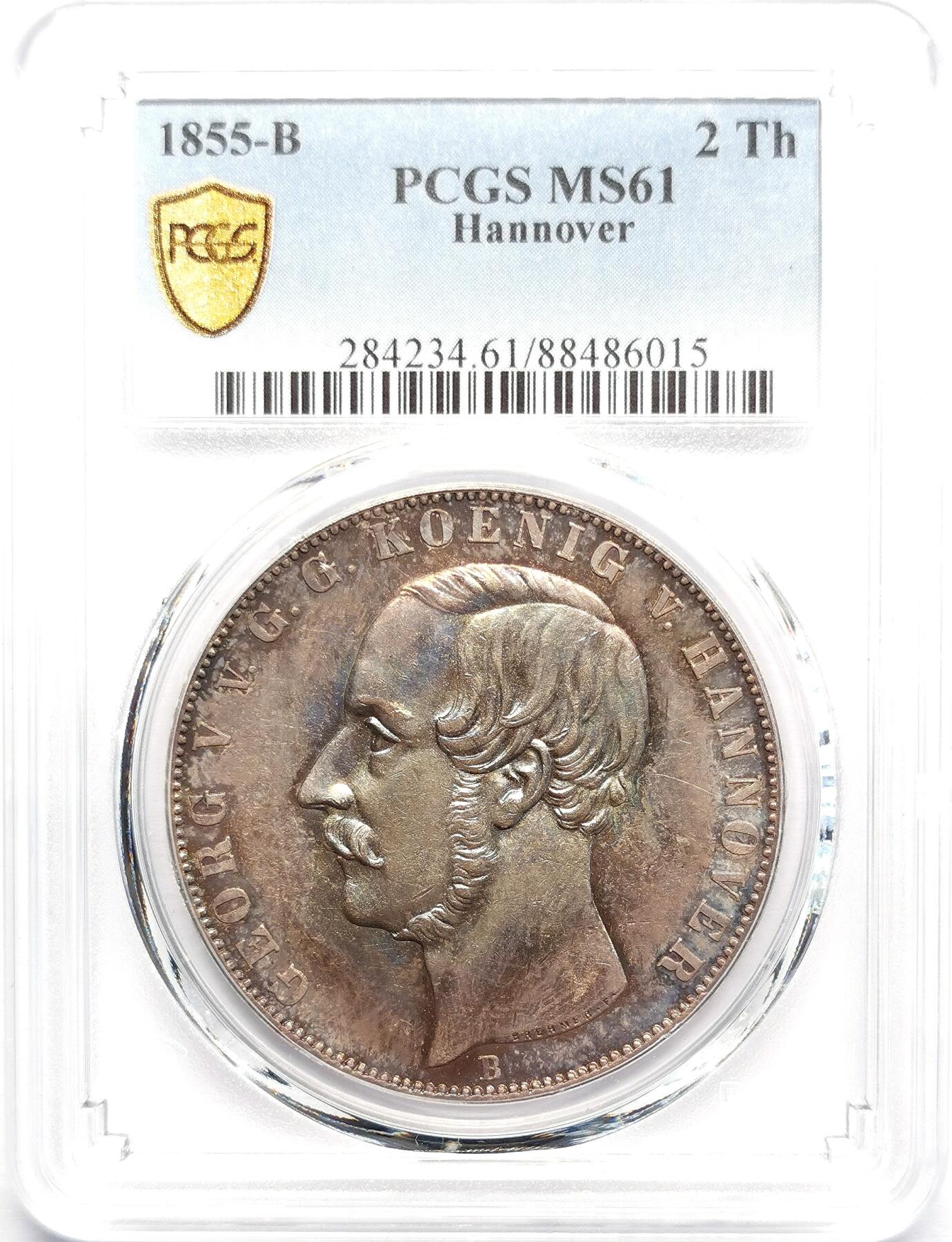 凡希社世界钱币微拍第二百七十期 荐！1855B德国汉诺威狮马2泰勒大银PCGS-MS61，金色环彩，包浆美不胜收！
