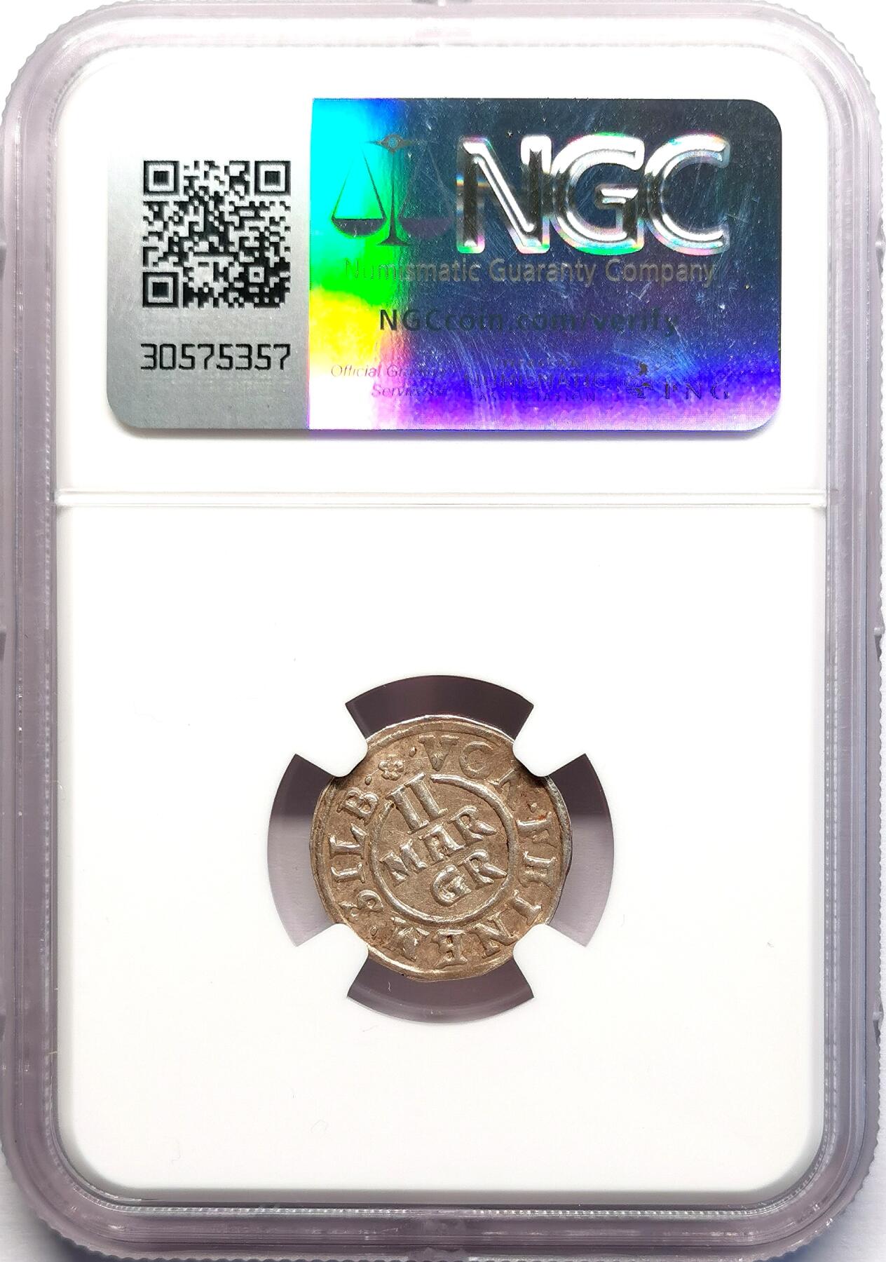 凡希社世界钱币微拍第二百七十期 1634德国布伦瑞克-沃芬伯特2MG银币NGC-MS62，压铸细节一流，罕见品相！