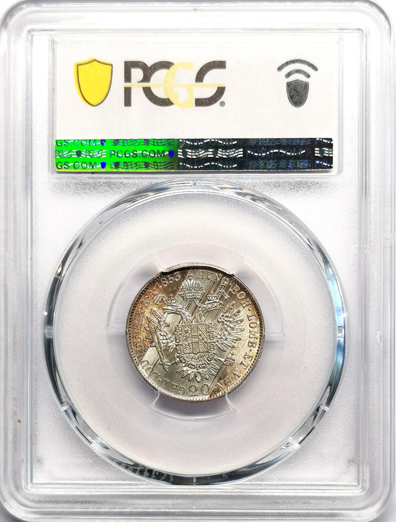 凡希社世界钱币微拍第二百七十期 1853A奥地利弗朗兹一世20K银币PCGS-MS65，黄光薄彩顶级品相！
