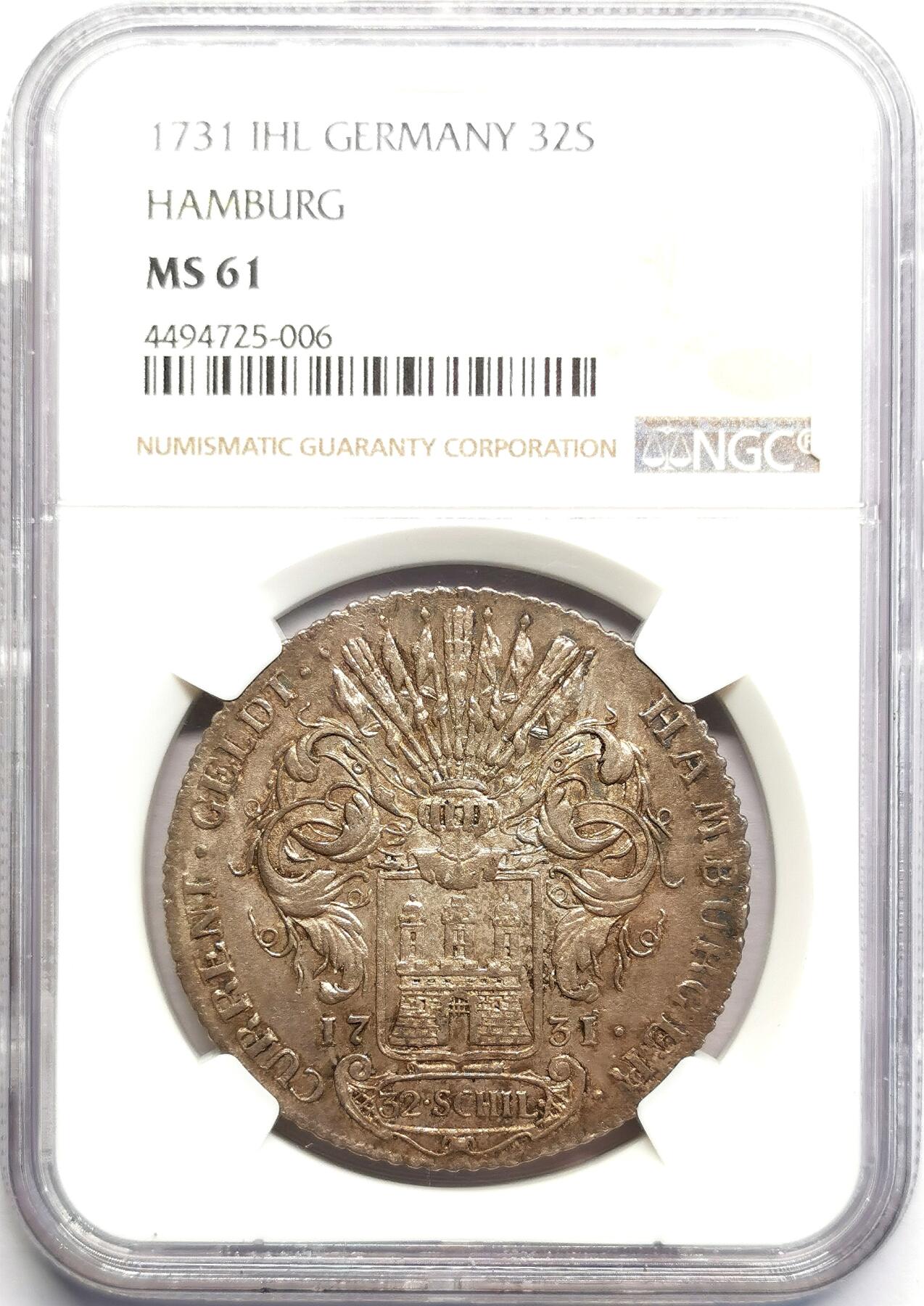 凡希社世界钱币微拍第二百七十期 1731IHL帝国自由市汉堡城徽与双头鹰32S大银NGC-MS61，暗金彩，略低评了！