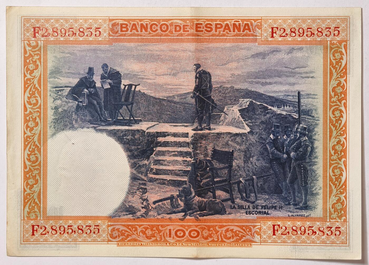 紫瑗钱币——第355期拍卖——纸币场 西班牙 1925年 油画《腓力二世的座椅》 100比塞塔 UNC- 软折