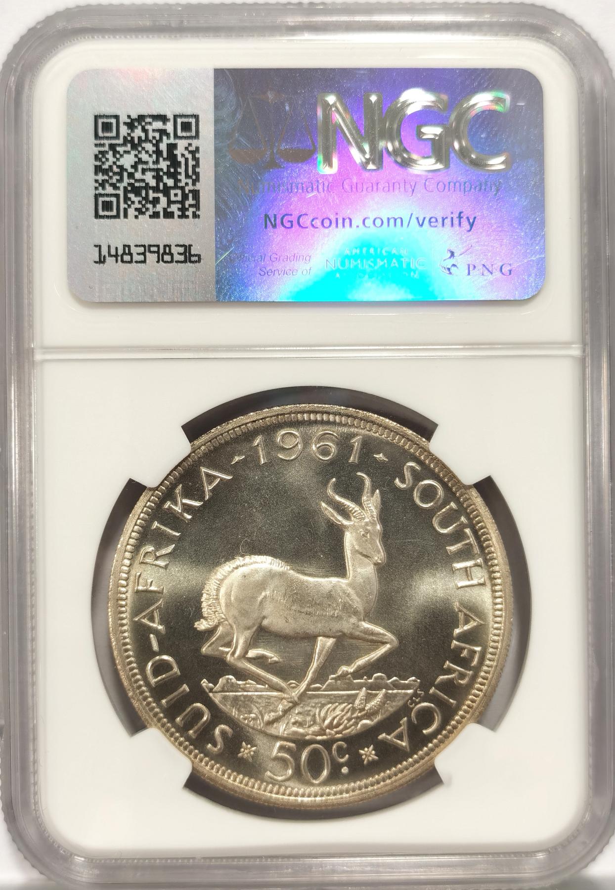 博洋堂世界钱币拍卖第078期（全场包邮） NGC PL67 南非1961年奔跑的跳羚50分大银币，极品高分