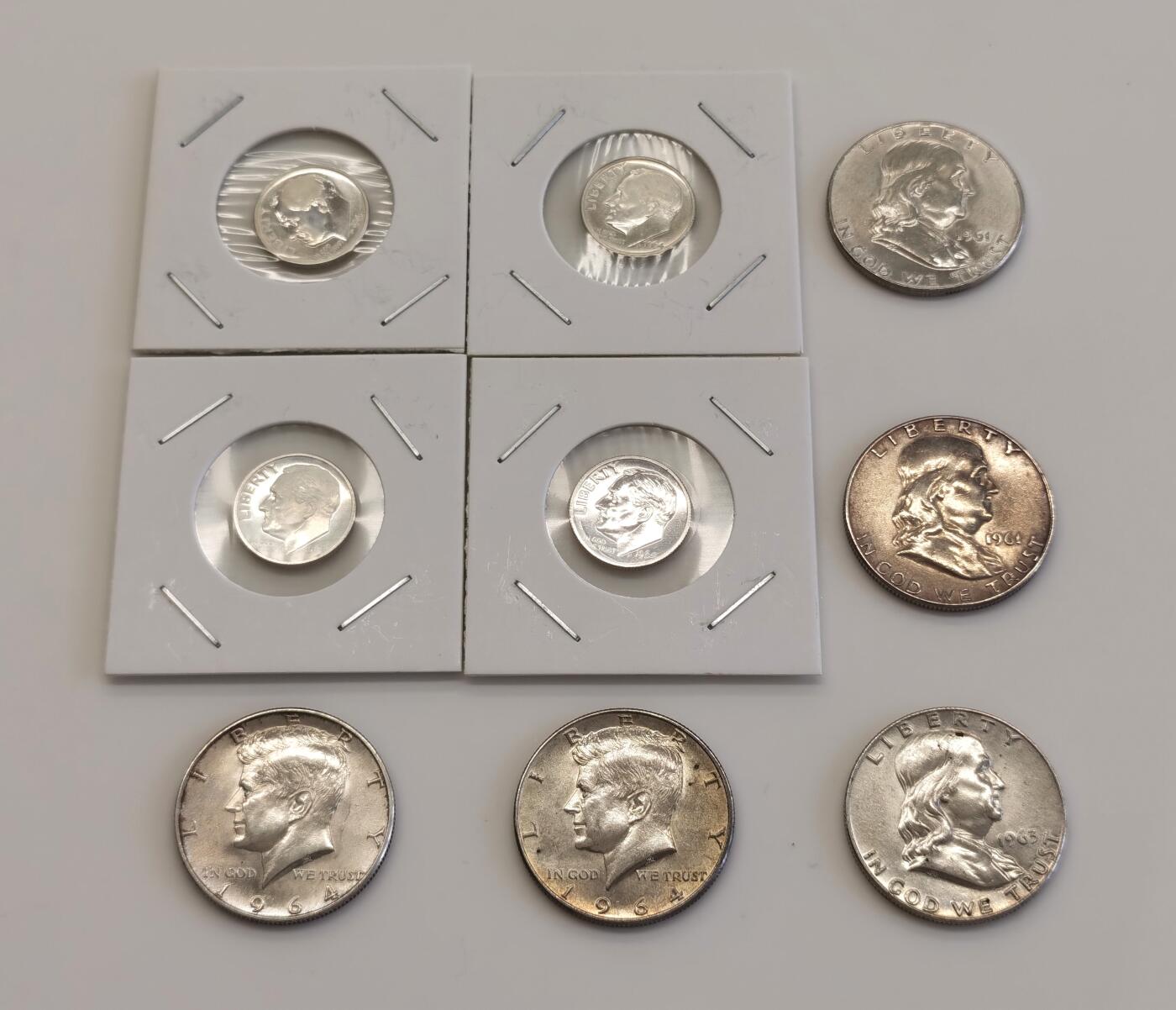 博洋堂世界钱币拍卖第078期（全场包邮） 原卷美国罗斯福10美分、富兰克林和肯尼迪半美元银币9枚一组，均是近UNC状态