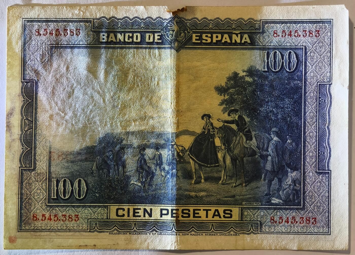 紫瑗钱币——第355期拍卖——纸币场 【数字冠】西班牙 1928年 中央银行 油画《唐吉坷德》 100比塞塔 AU 有缺口