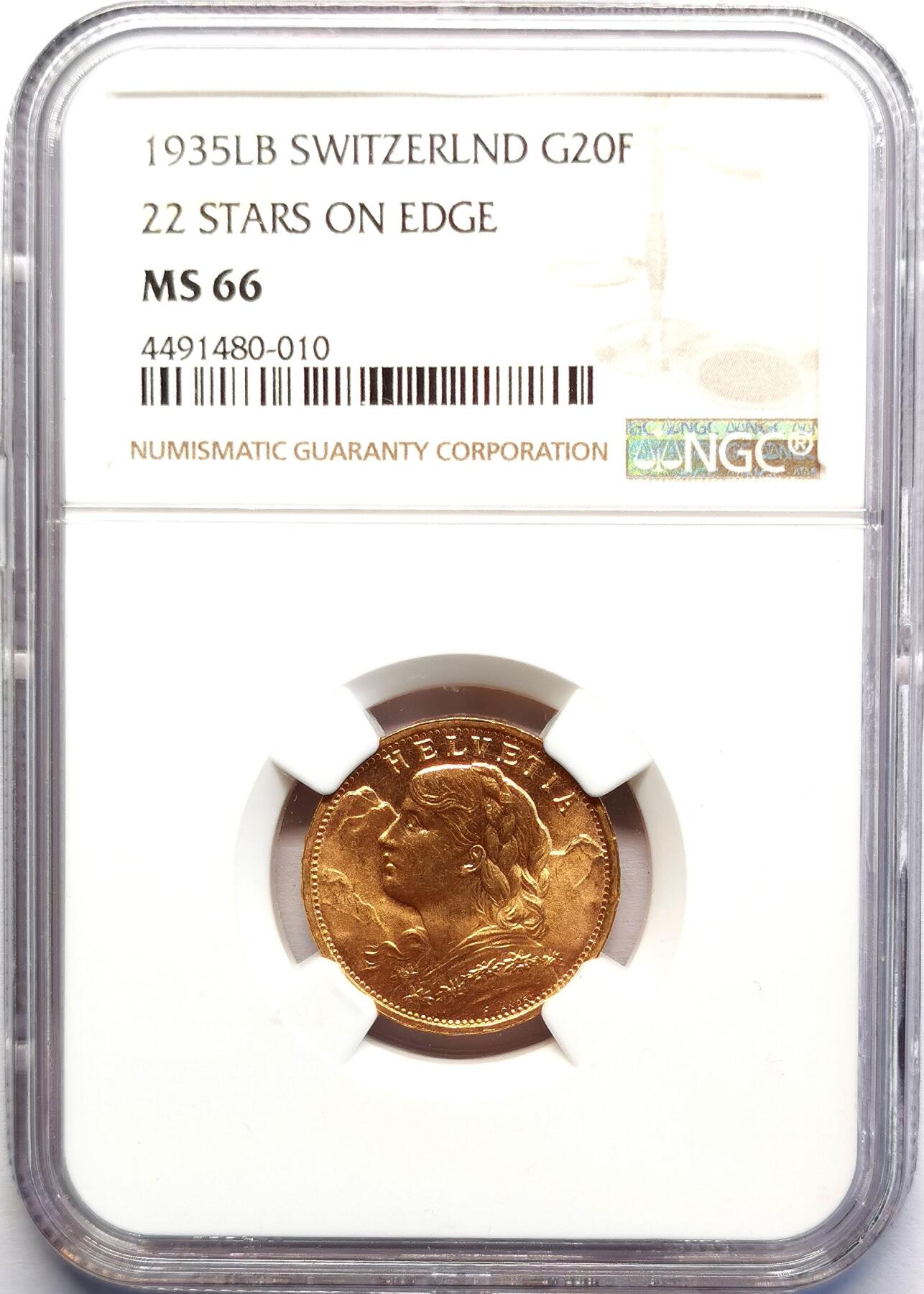 凡希社世界钱币微拍第二百七十期 1935LB瑞士民族少女20法郎金币NGC-MS66，6.45g，900金