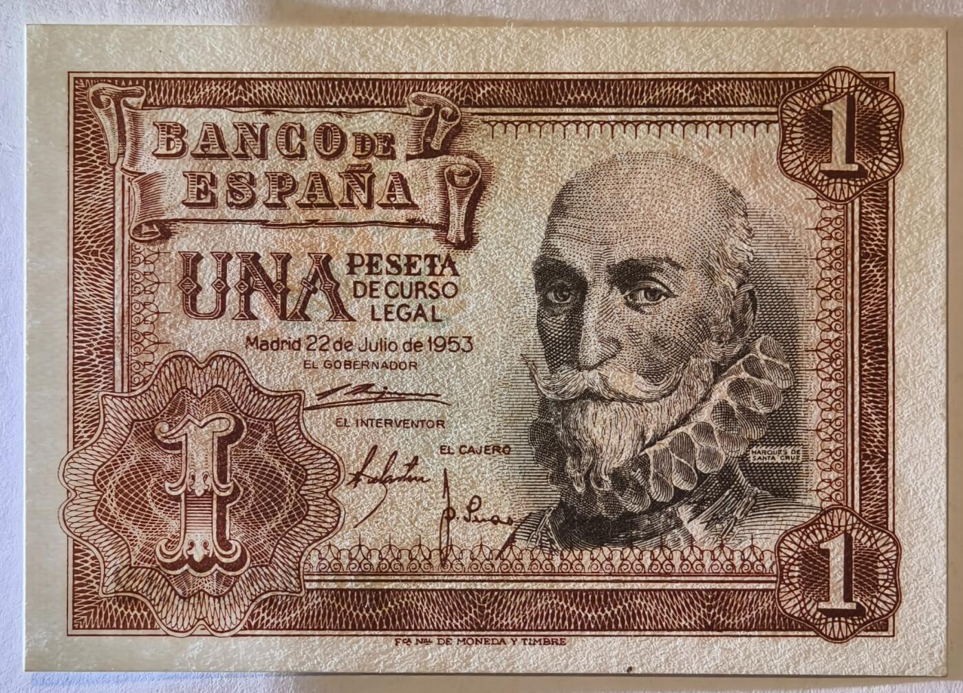 紫瑗钱币——第355期拍卖——纸币场 西班牙 1953年 阿尔瓦罗 1比塞塔 UNC (p-144a)