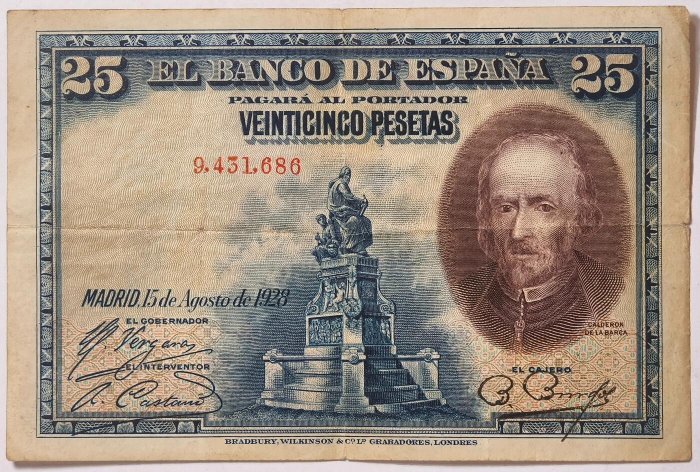 紫瑗钱币——第355期拍卖——纸币场 【数字冠】西班牙 1928年 卡尔德隆 25比塞塔 XF