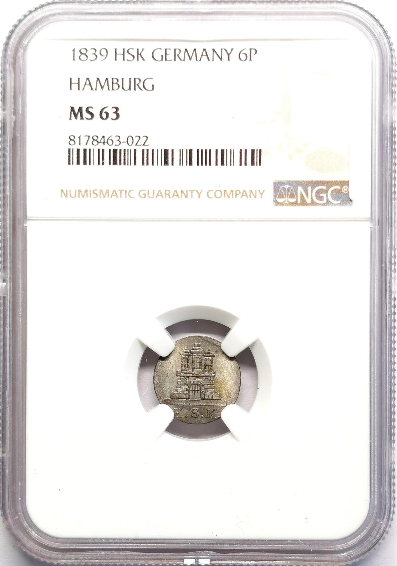 凡希社世界钱币微拍第二百七十期 1839德国汉堡6芬尼银辅币NGC-MS63