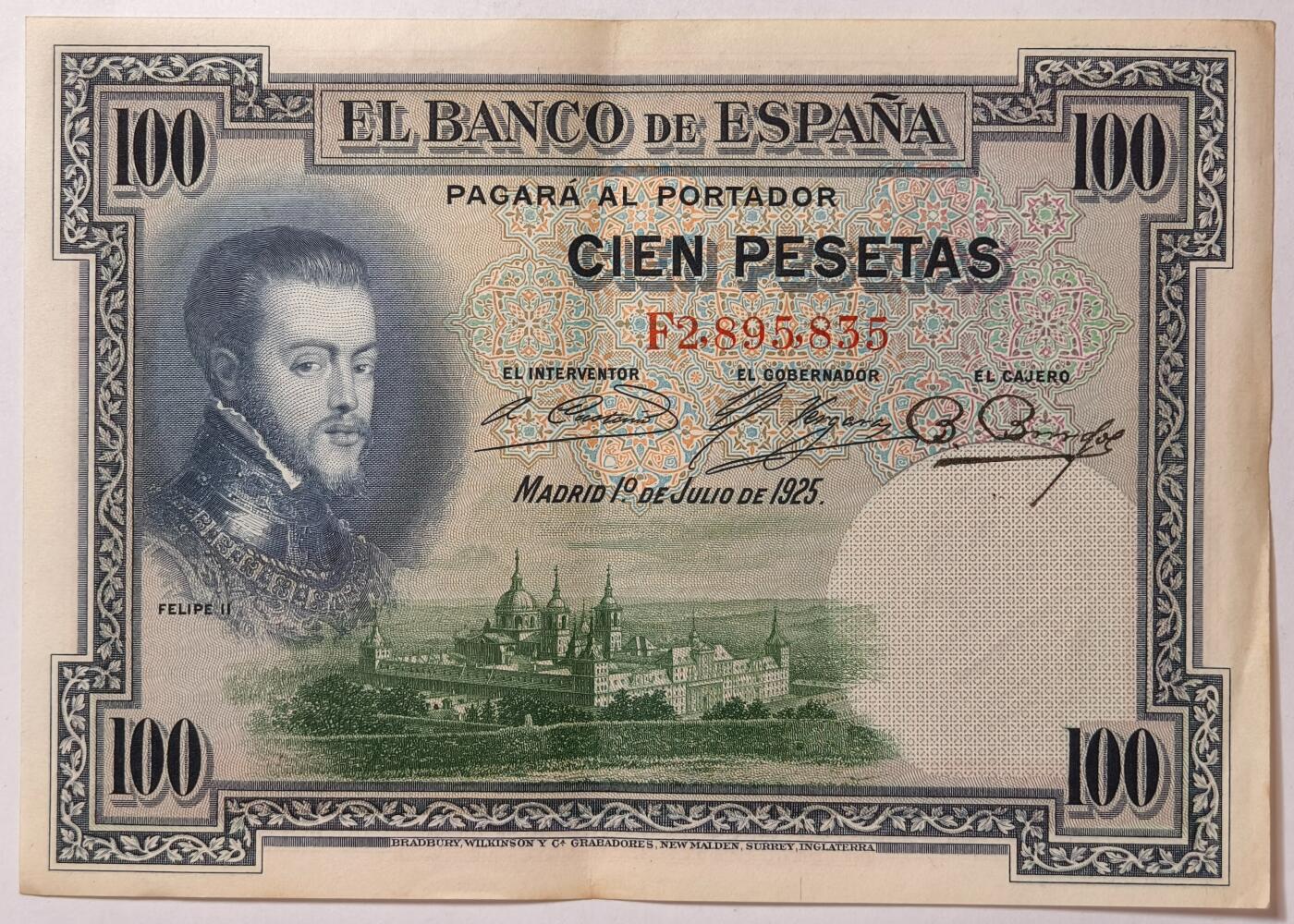 紫瑗钱币——第355期拍卖——纸币场 西班牙 1925年 油画《腓力二世的座椅》 100比塞塔 UNC- 软折