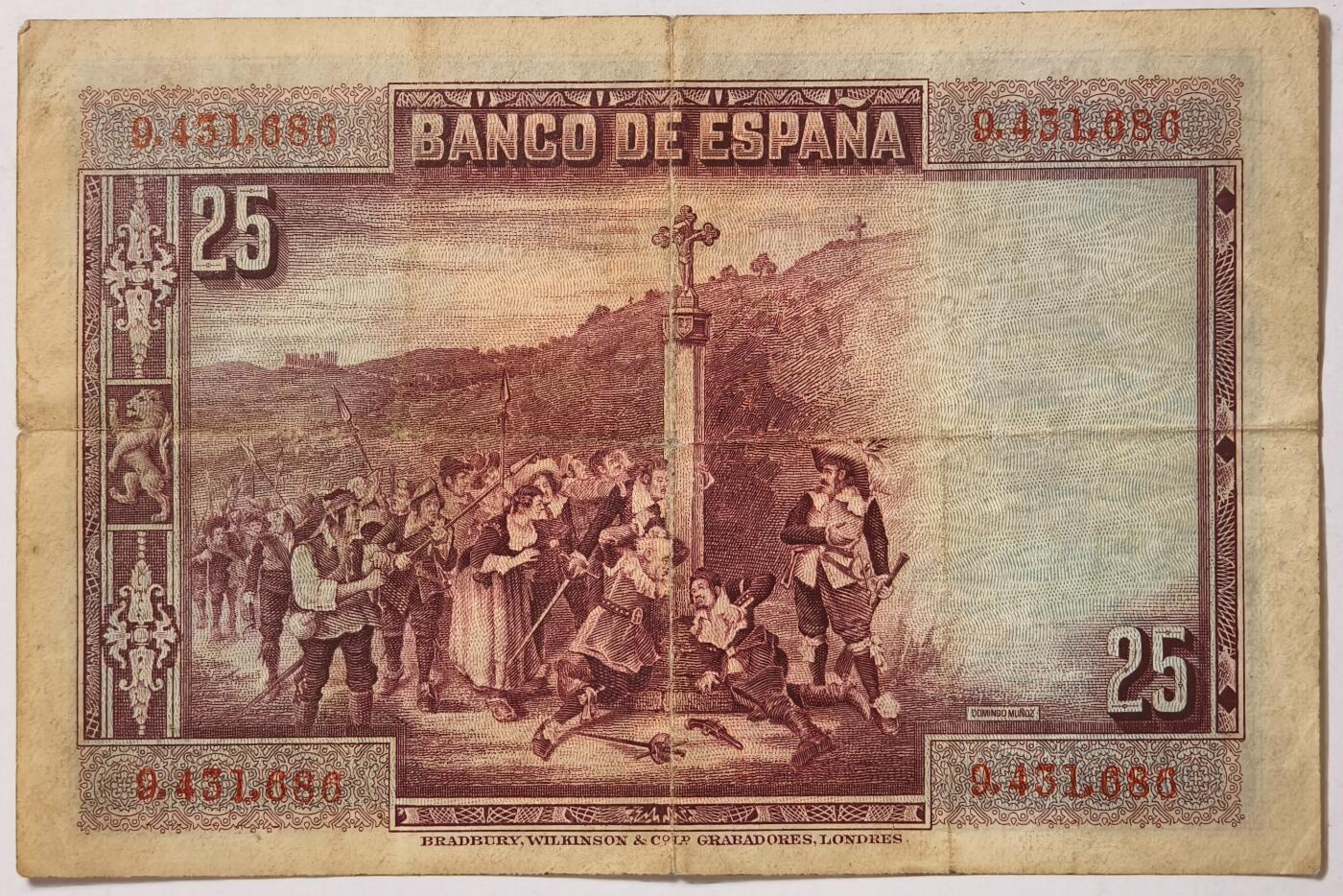 紫瑗钱币——第355期拍卖——纸币场 【数字冠】西班牙 1928年 卡尔德隆 25比塞塔 XF