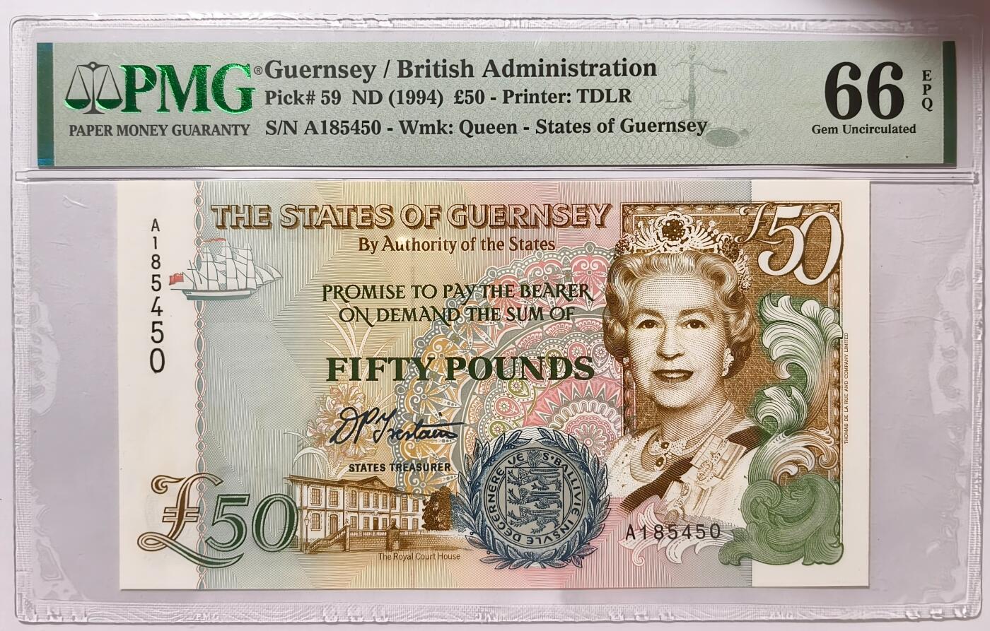 紫瑗钱币——第355期拍卖——纸币场 【首发A冠 PMG 66EPQ】格恩西 1994年 伊丽莎白二世 高冠 50磅 (P-59)
