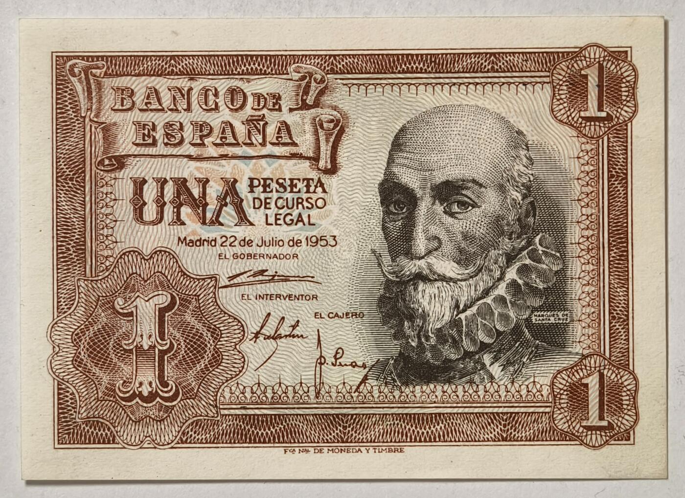 紫瑗钱币——第355期拍卖——纸币场 西班牙 1953年 阿尔瓦罗 1比塞塔 UNC (p-144a)