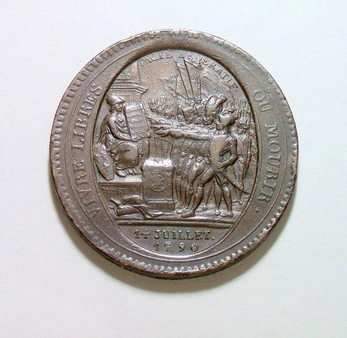 法国1792年 大革命莫奈龙5索尔高浮雕大铜币章 40MM
