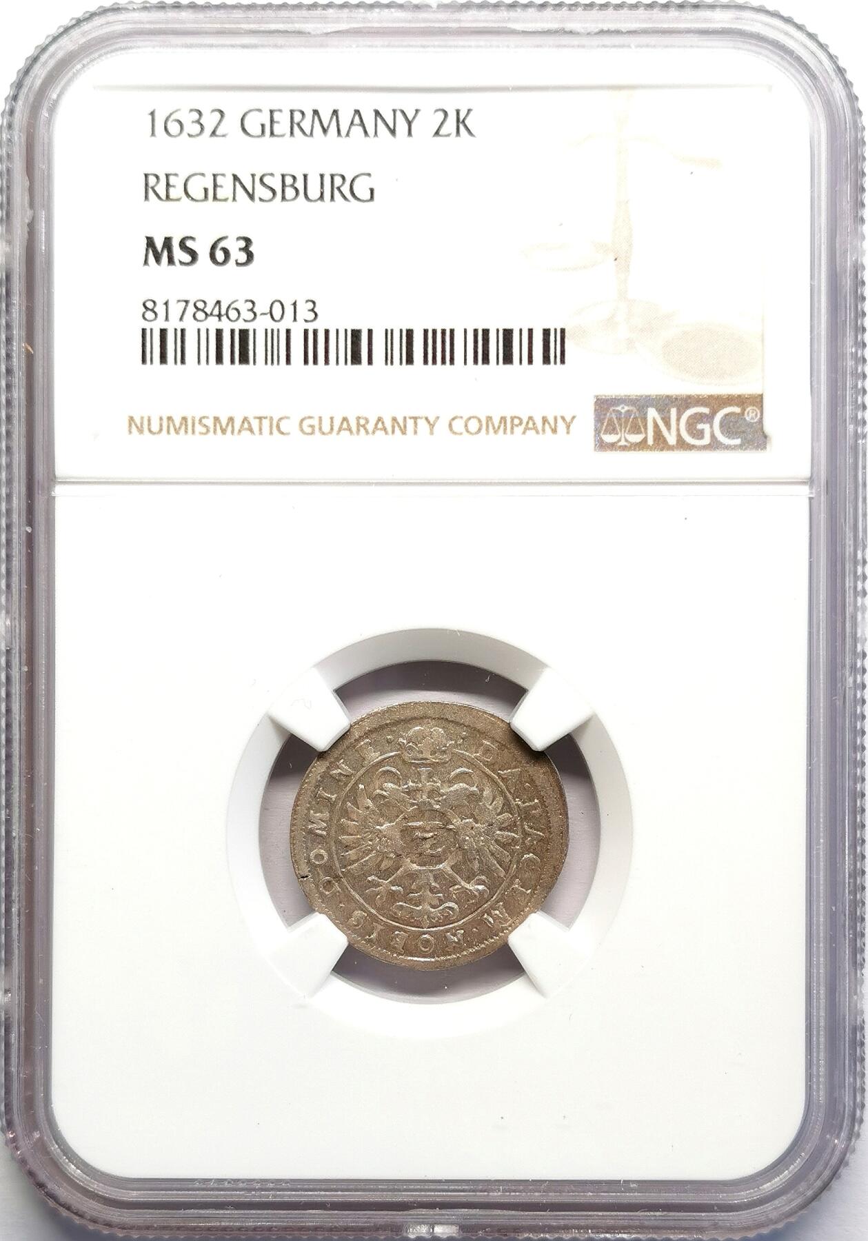 凡希社世界钱币微拍第二百七十期 1632神罗雷根斯堡主教区2K银币NGC-MS63，稀见品种！