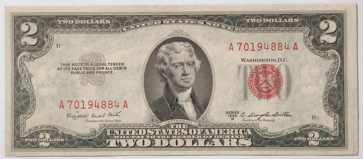 紫瑗钱币——第355期拍卖——纸币场 美国 1953年 B序列 托马斯·杰斐逊 2美元 红印 政府券 UNC