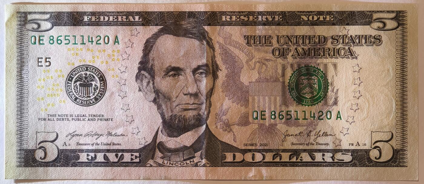 紫瑗钱币——第355期拍卖——纸币场 美国 2021年 E版 无序列 亚伯拉罕·林肯 5美元 彩色版 AU 软折