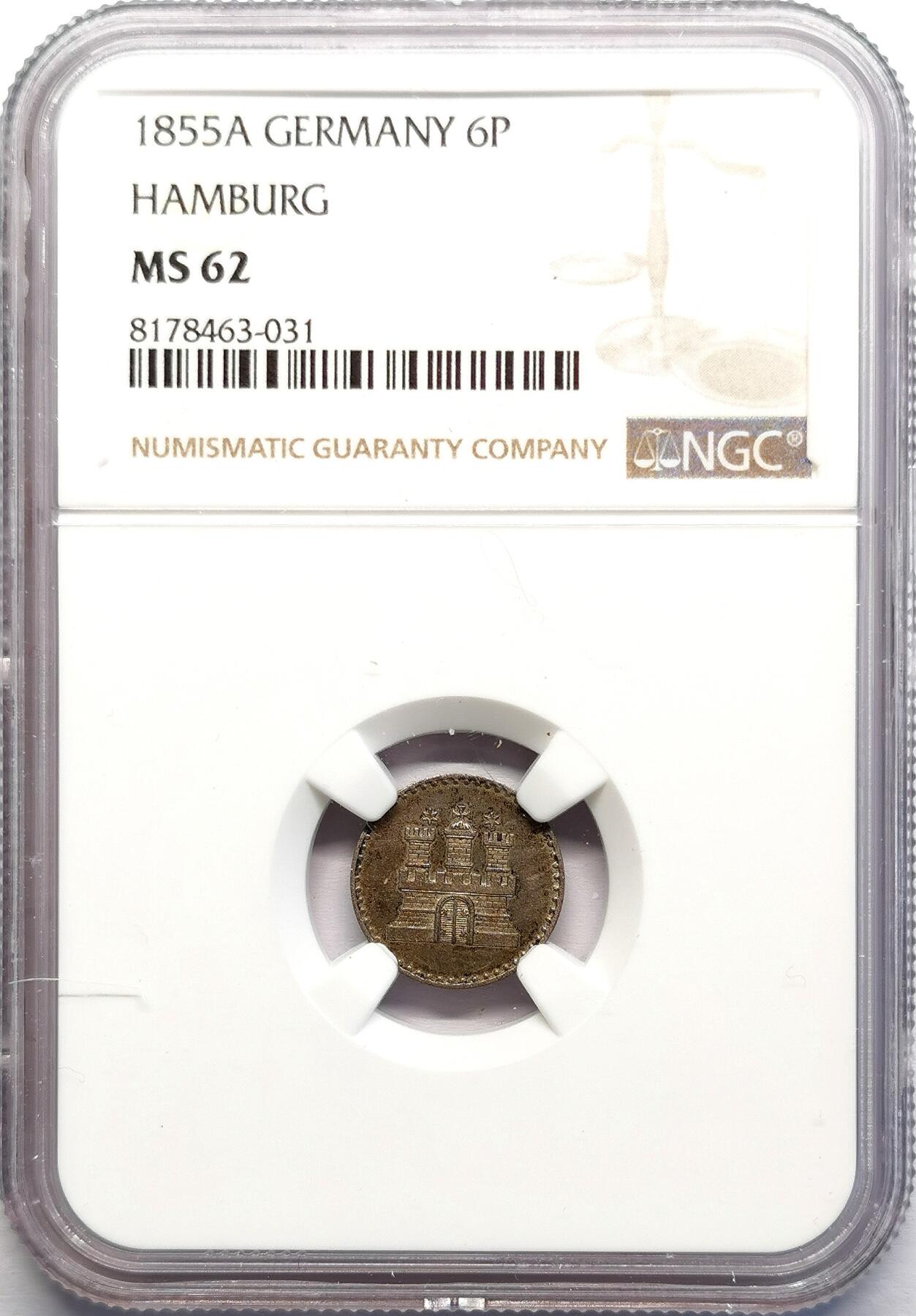 凡希社世界钱币微拍第二百七十期 1855A德国汉堡城徽6芬尼NGC-MS62