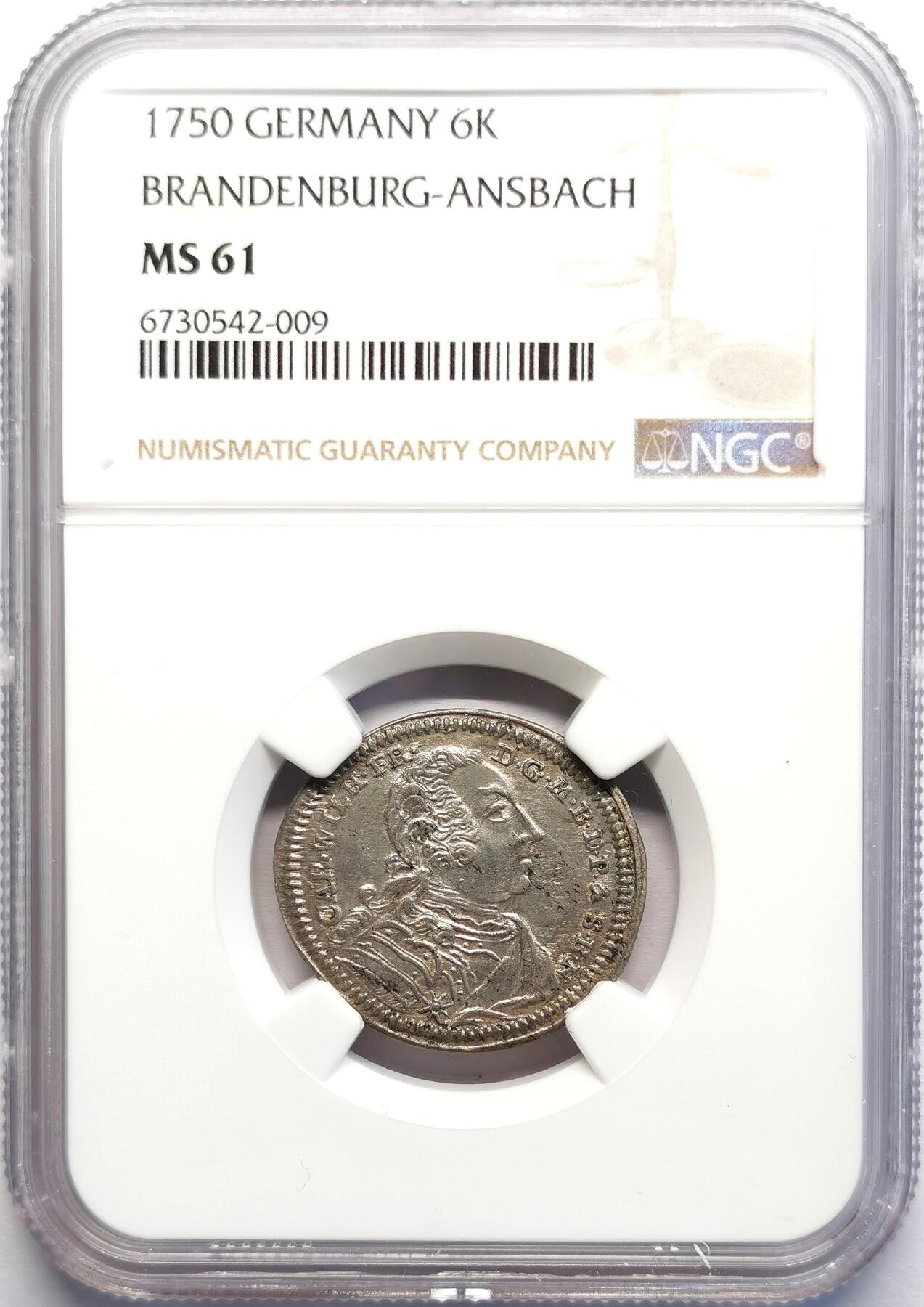 凡希社世界钱币微拍第二百七十期 1750德国勃兰登堡-安斯巴赫6K银辅币NGC-MS61，罕见高品！