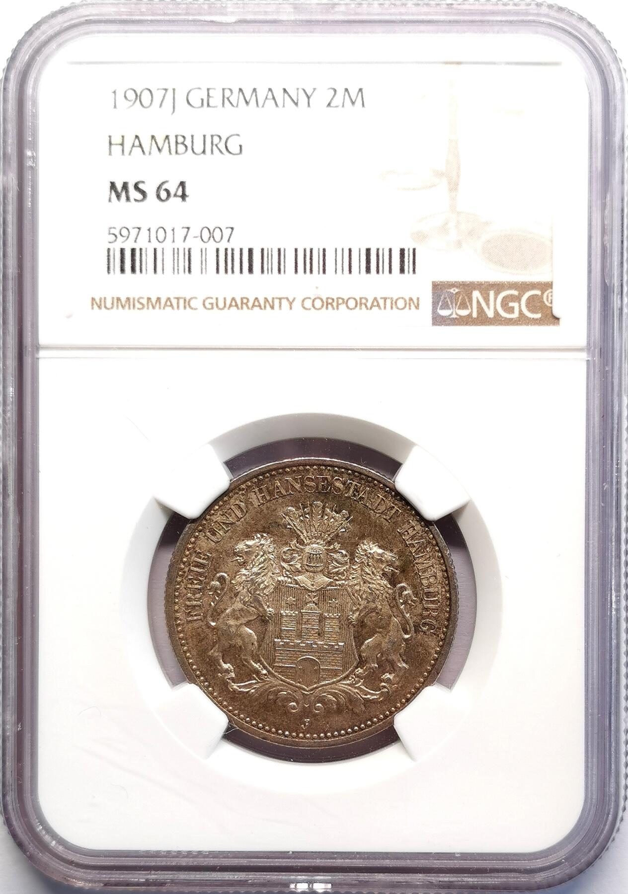 凡希社世界钱币微拍第二百七十期 1907J德国汉堡2马克NGC-MS64