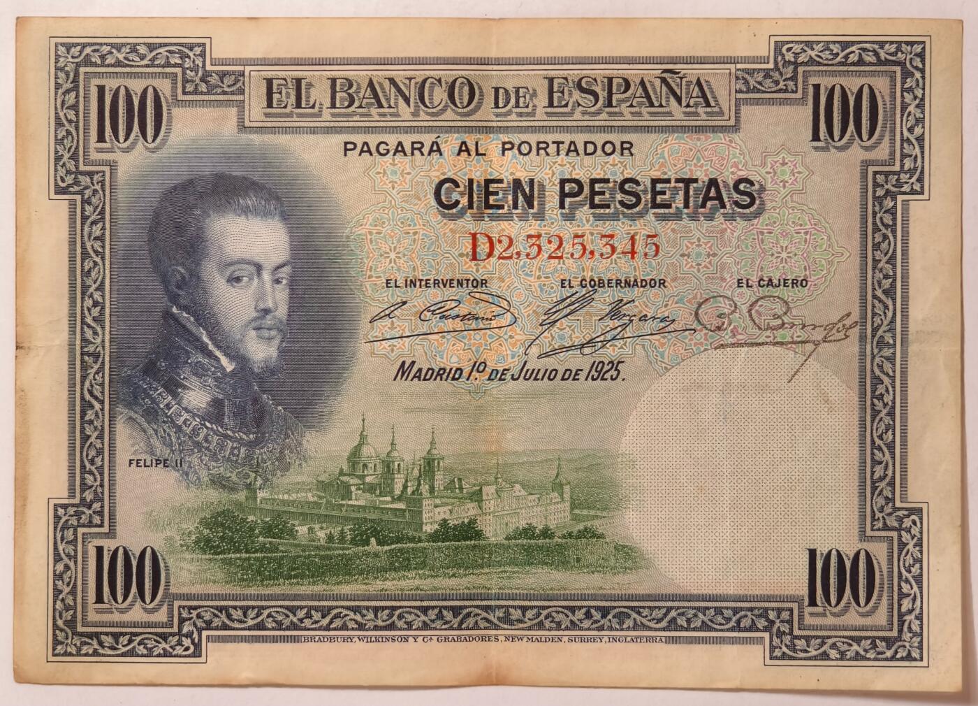 紫瑗钱币——第355期拍卖——纸币场 西班牙 1925年 油画《腓力二世的座椅》 100比塞塔 AU