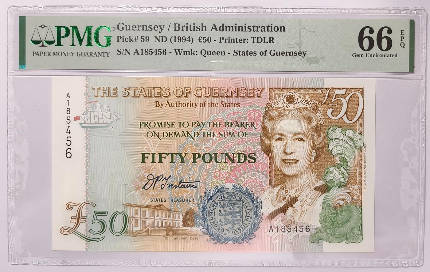 紫瑗钱币——第355期拍卖——纸币场 【首发A冠 PMG 66EPQ】格恩西 1994年 伊丽莎白二世 高冠 50磅 (P-59)