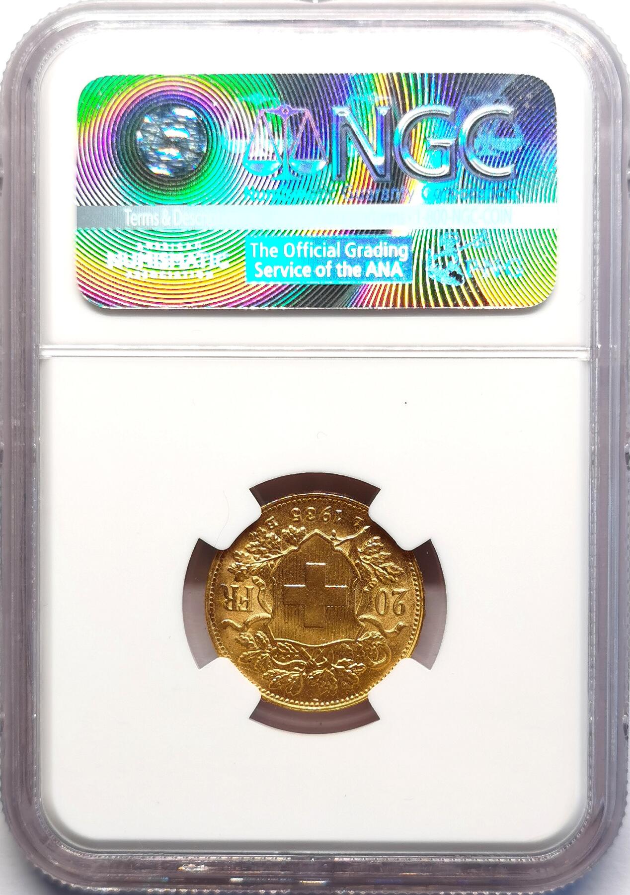 凡希社世界钱币微拍第二百七十期 1935LB瑞士民族少女20法郎金币NGC-MS66，6.45g，900金