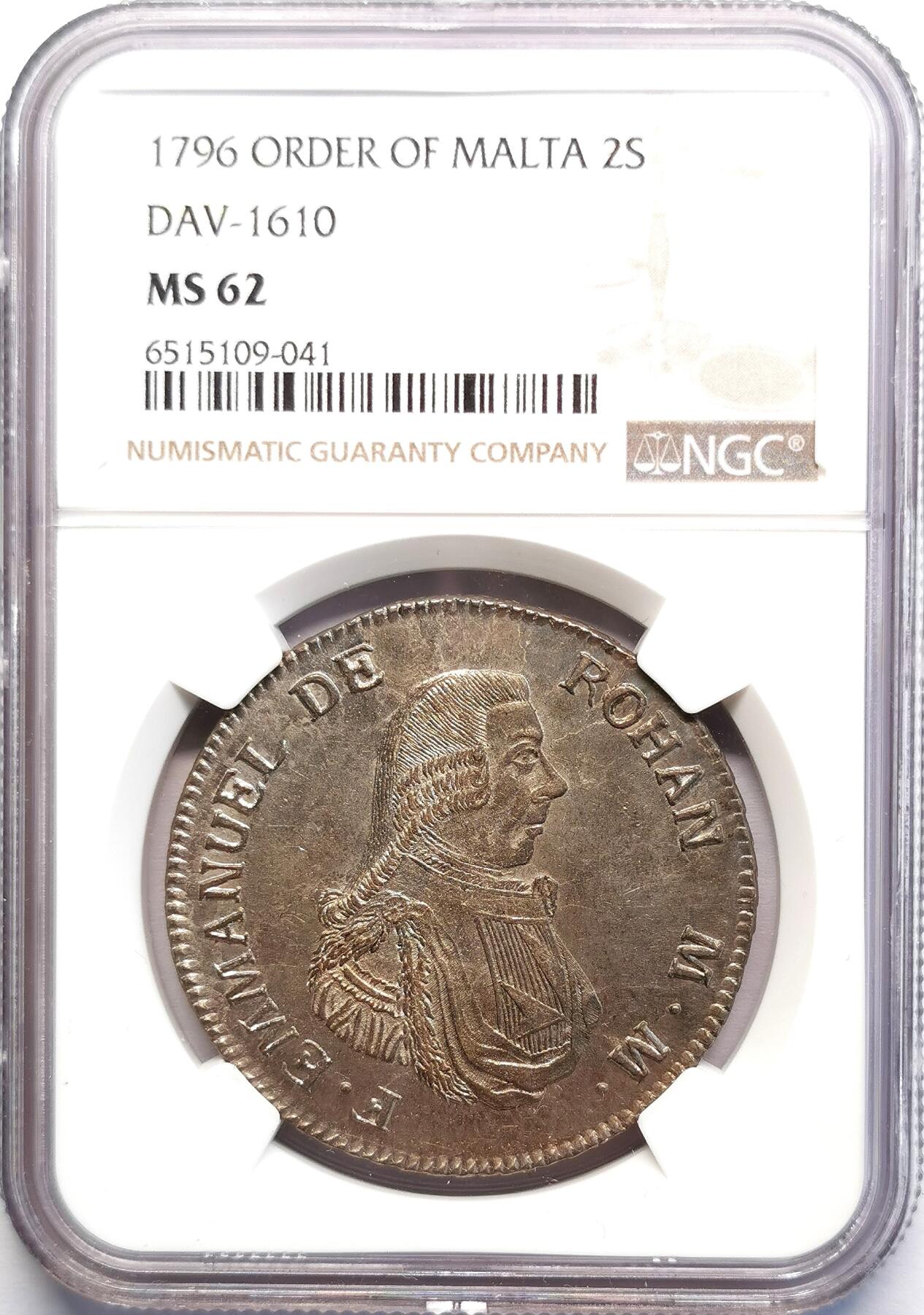 凡希社世界钱币微拍第二百七十期 荐！1796马耳他骑士团ROHAN侧像2SCUDI大银NGC-MS62，一年型，能见到的都是流通品相，N亚军分！在大教长埃马纽埃尔·德·罗汉时期，马耳他骑士团造币厂在管理上采取了必要的措施，这一时期的钱币相比之前，在重量和纯度方面更为精确，且利润转亏为盈。