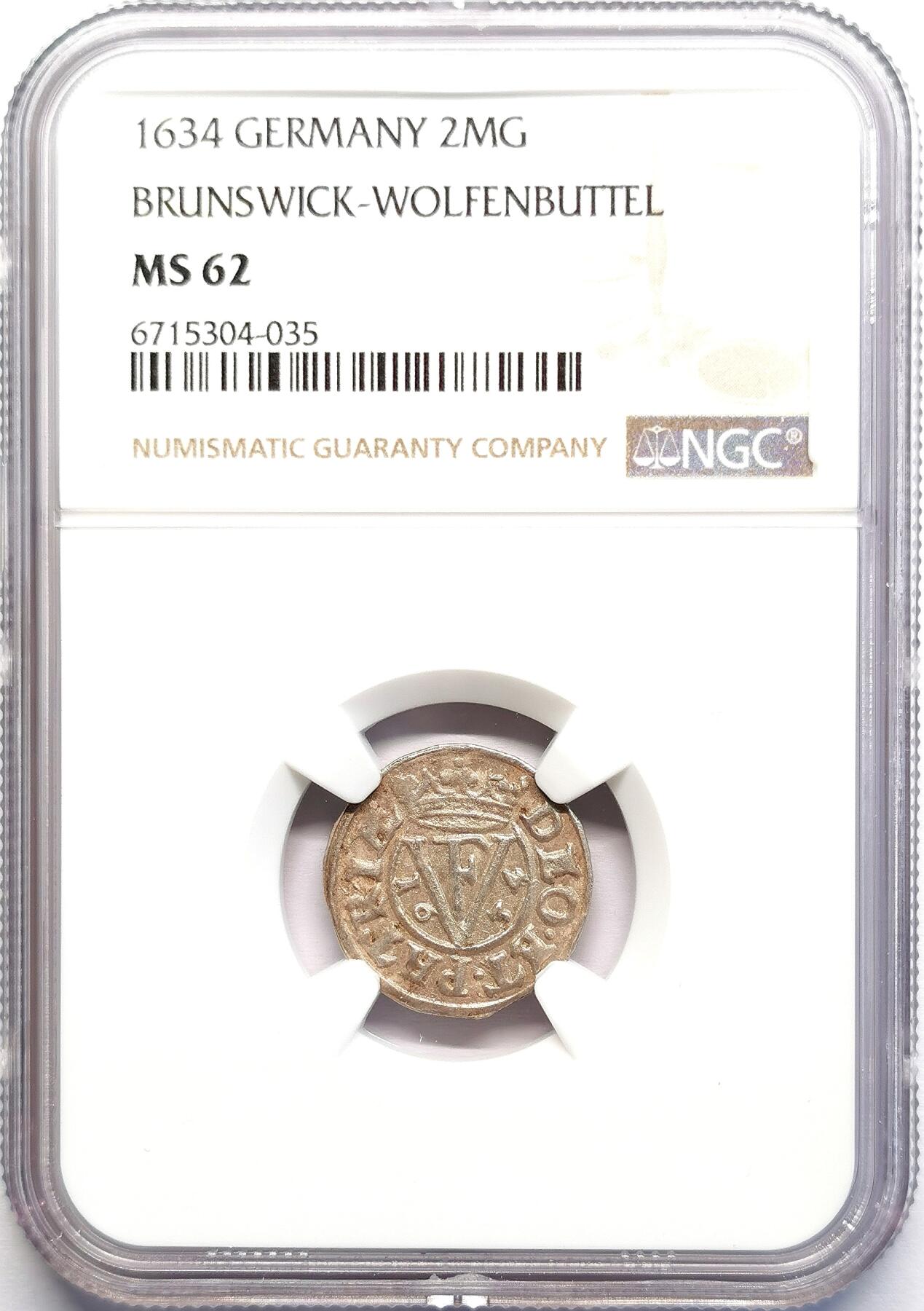 凡希社世界钱币微拍第二百七十期 1634德国布伦瑞克-沃芬伯特2MG银币NGC-MS62，压铸细节一流，罕见品相！