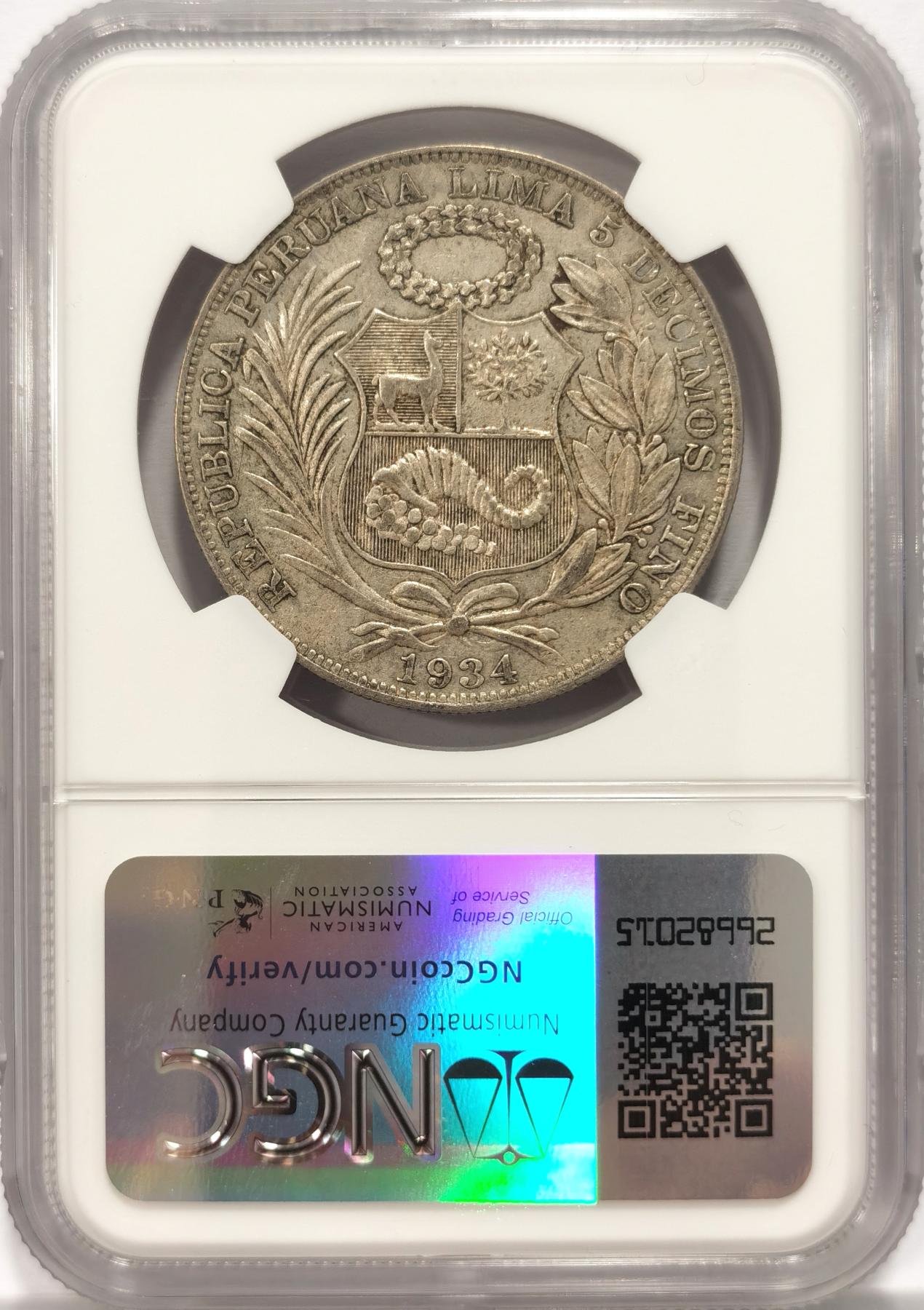 博洋堂世界钱币拍卖第078期（全场包邮） NGC AU50 秘鲁1934年坐人自由女神1索尔大银币，原汁原味