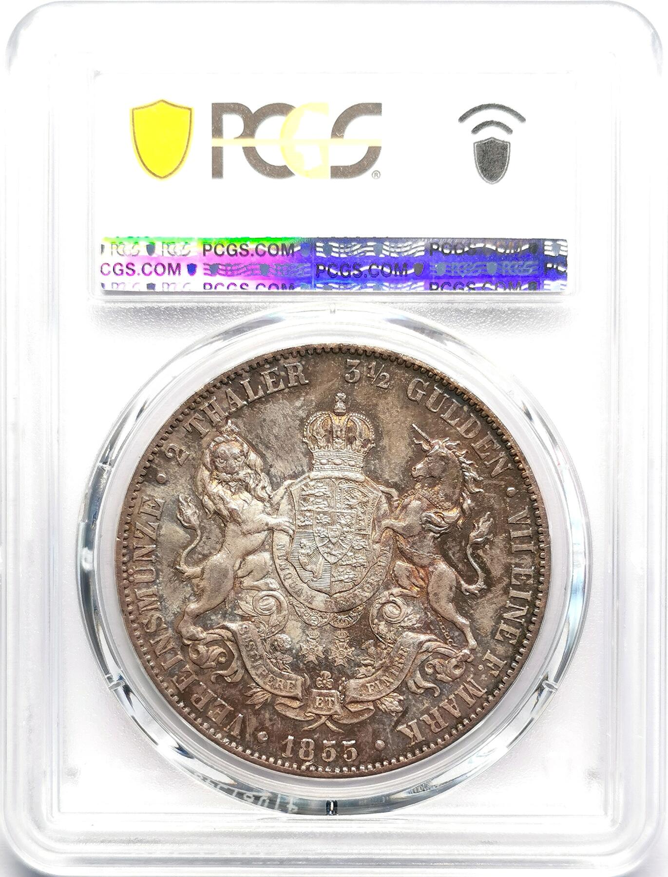 凡希社世界钱币微拍第二百七十期 荐！1855B德国汉诺威狮马2泰勒大银PCGS-MS61，金色环彩，包浆美不胜收！