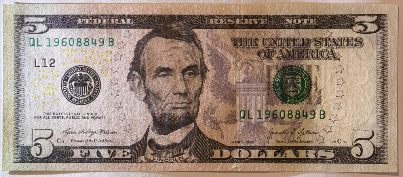 紫瑗钱币——第355期拍卖——纸币场 美国 2021年 L版 无序列 亚伯拉罕·林肯 5美元 彩色版 UNC