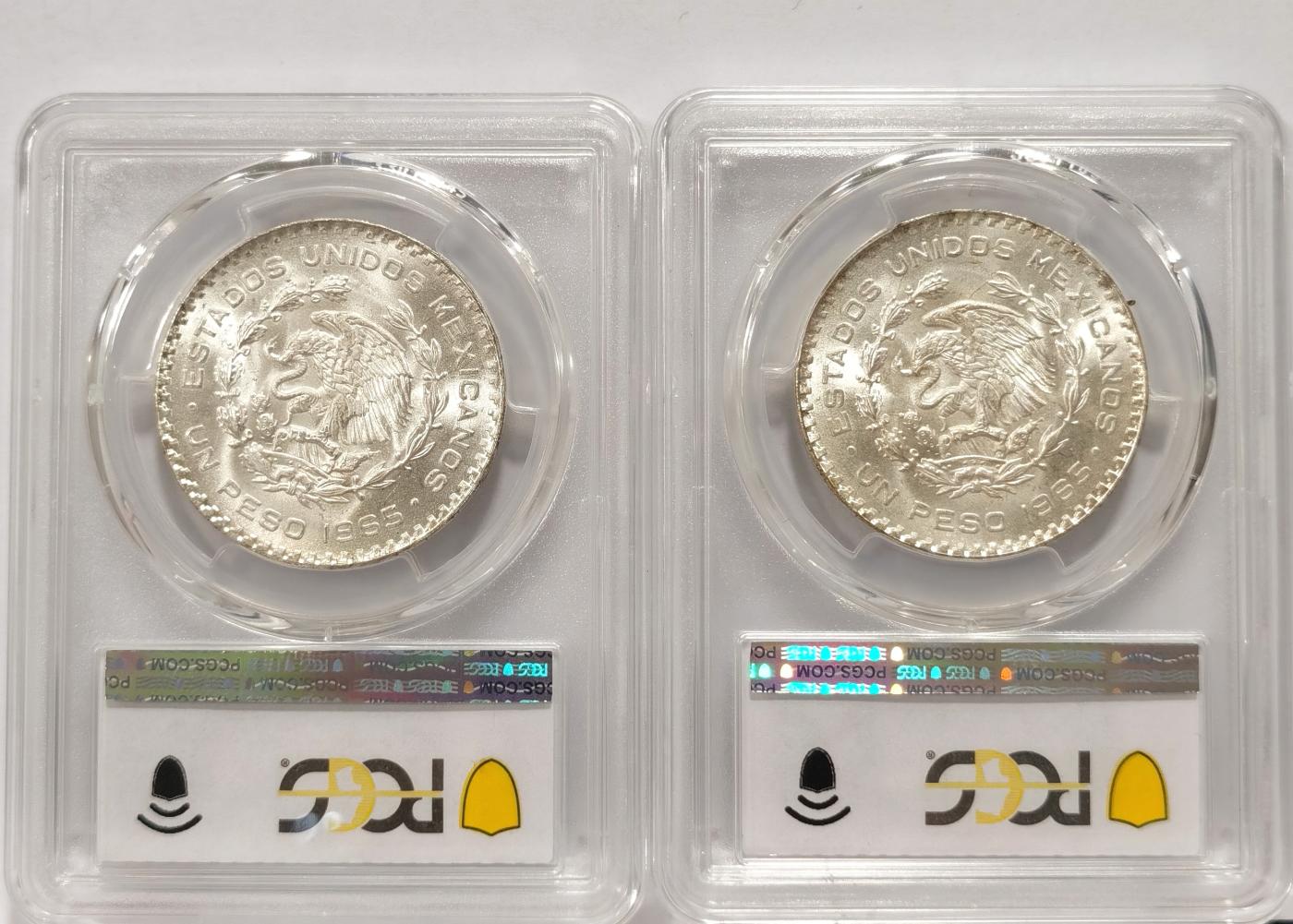 博洋堂世界钱币拍卖第078期（全场包邮） PCGS MS65 墨西哥1965年1比索鹰洋银币2枚一对1