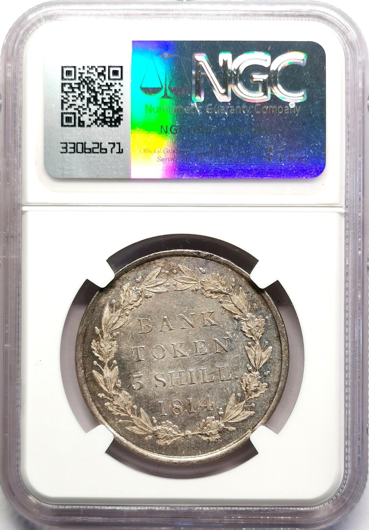 凡希社世界钱币微拍第二百七十期 荐！1814英格兰银行3先令大银NGC-MS63，人像面PL效果，银光质感强烈，视觉感相当漂亮的一枚！