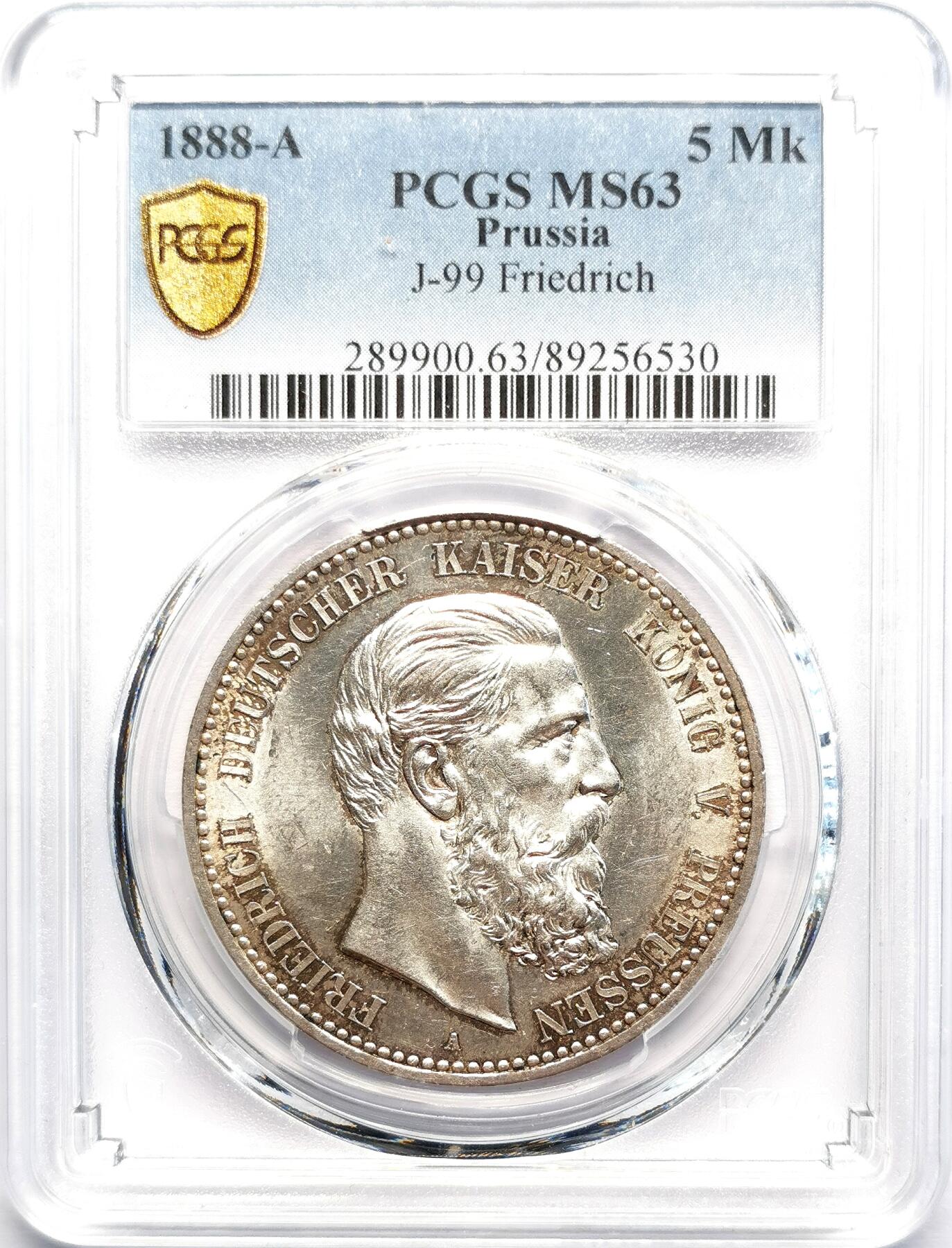 凡希社世界钱币微拍第二百七十期 1888A德国普鲁士腓特烈三世5马克短翅鹰PCGS-MS63