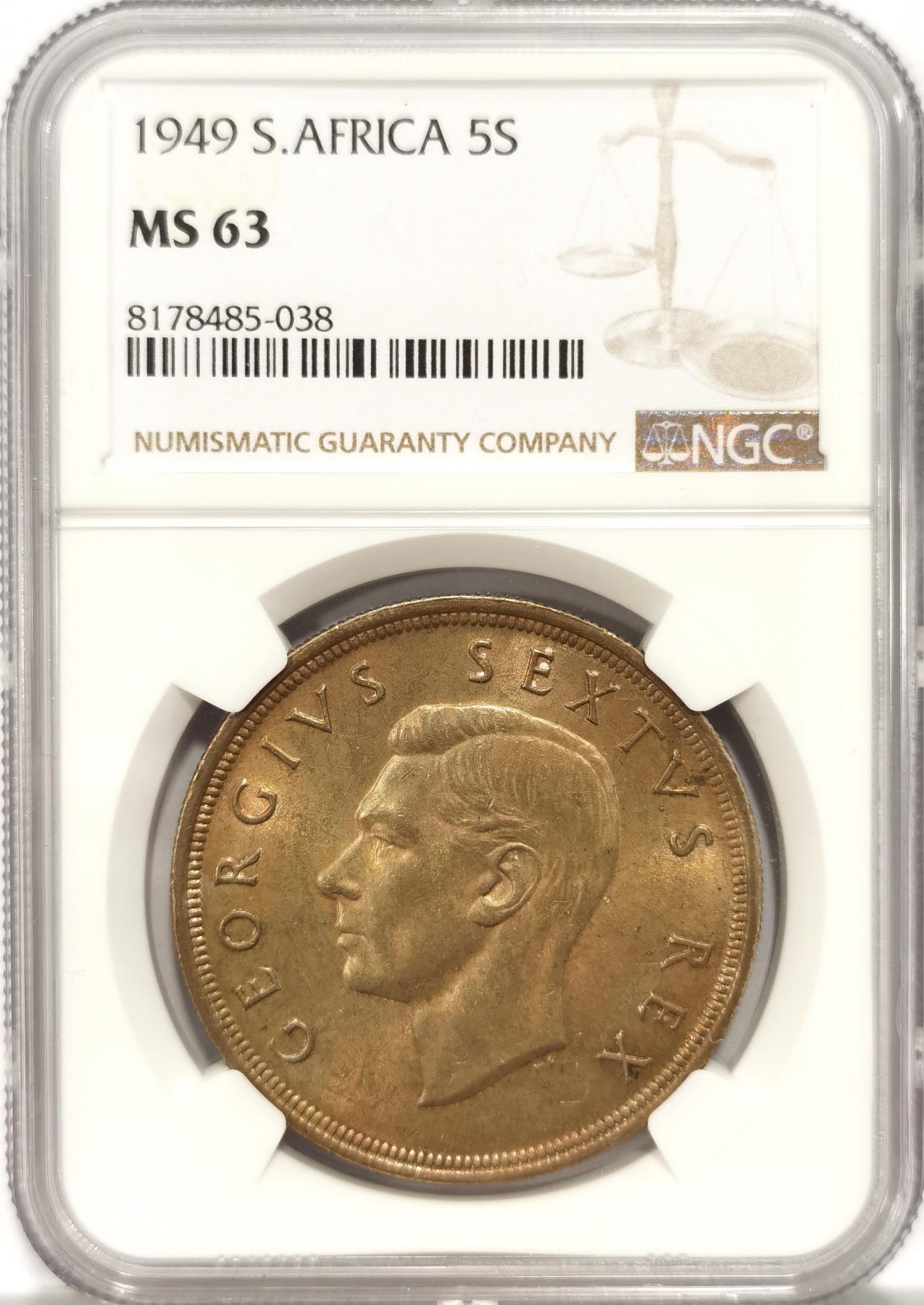 博洋堂世界钱币拍卖第078期（全场包邮） NGC MS63 英属南非1949年乔治六世5先令银币，极美黄油彩