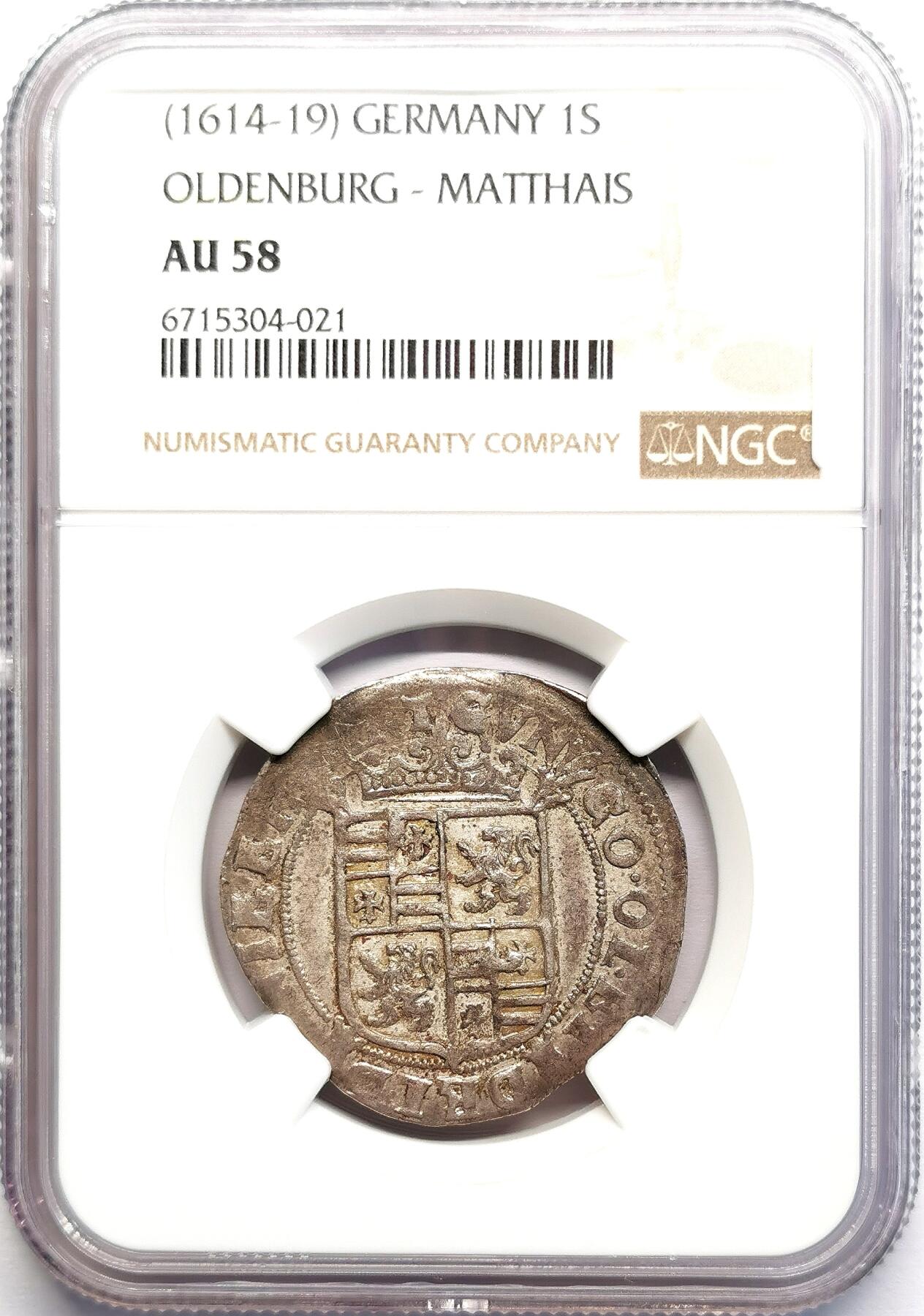 凡希社世界钱币微拍第二百七十期 1614-19德国奥尔登堡-马提亚斯双头鹰1S银币NGC-AU58