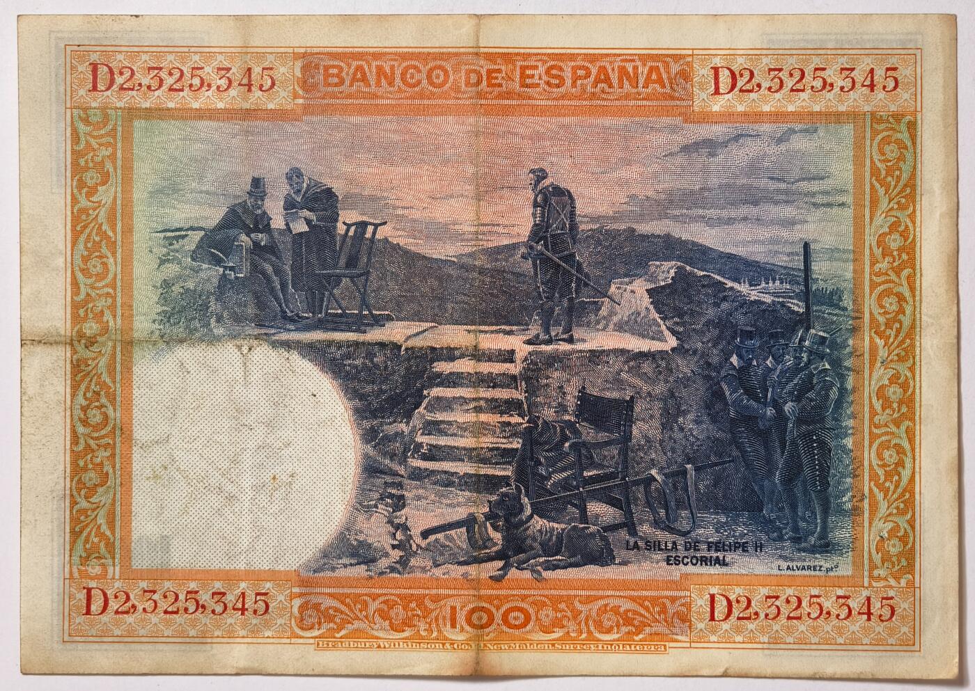 紫瑗钱币——第355期拍卖——纸币场 西班牙 1925年 油画《腓力二世的座椅》 100比塞塔 AU