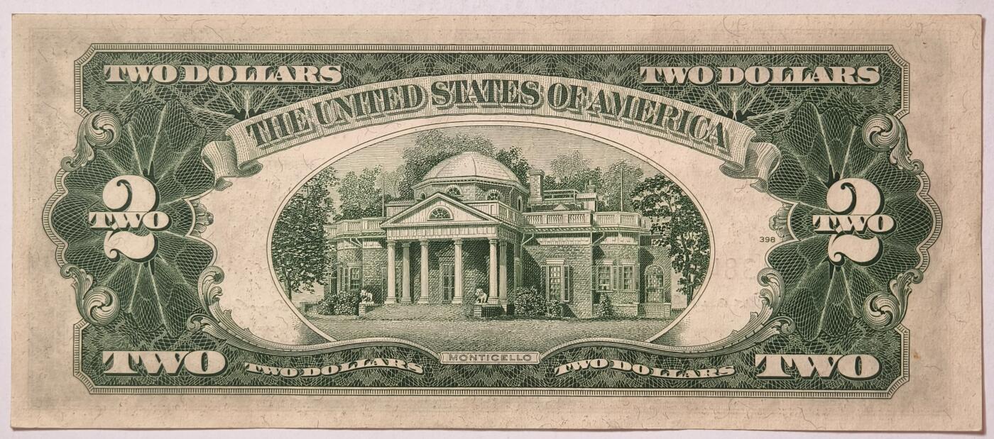 紫瑗钱币——第355期拍卖——纸币场  美国 1953年 B序列 托马斯·杰斐逊 2美元 红印 政府券 AU