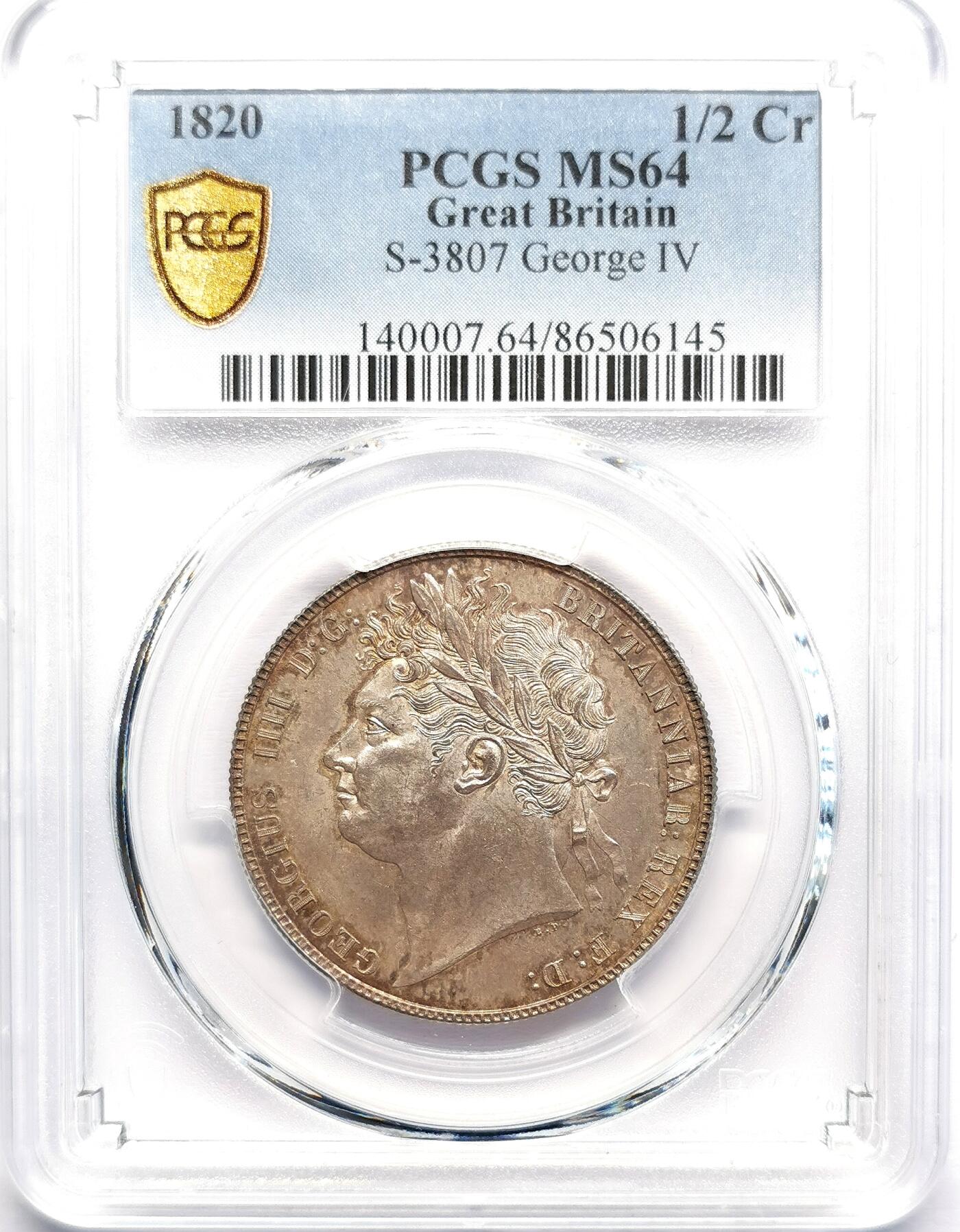 凡希社世界钱币微拍第二百七十期 荐！1820英国乔治四世1/2克朗PCGS-MS64，典雅英伦淡彩，藏家品质！